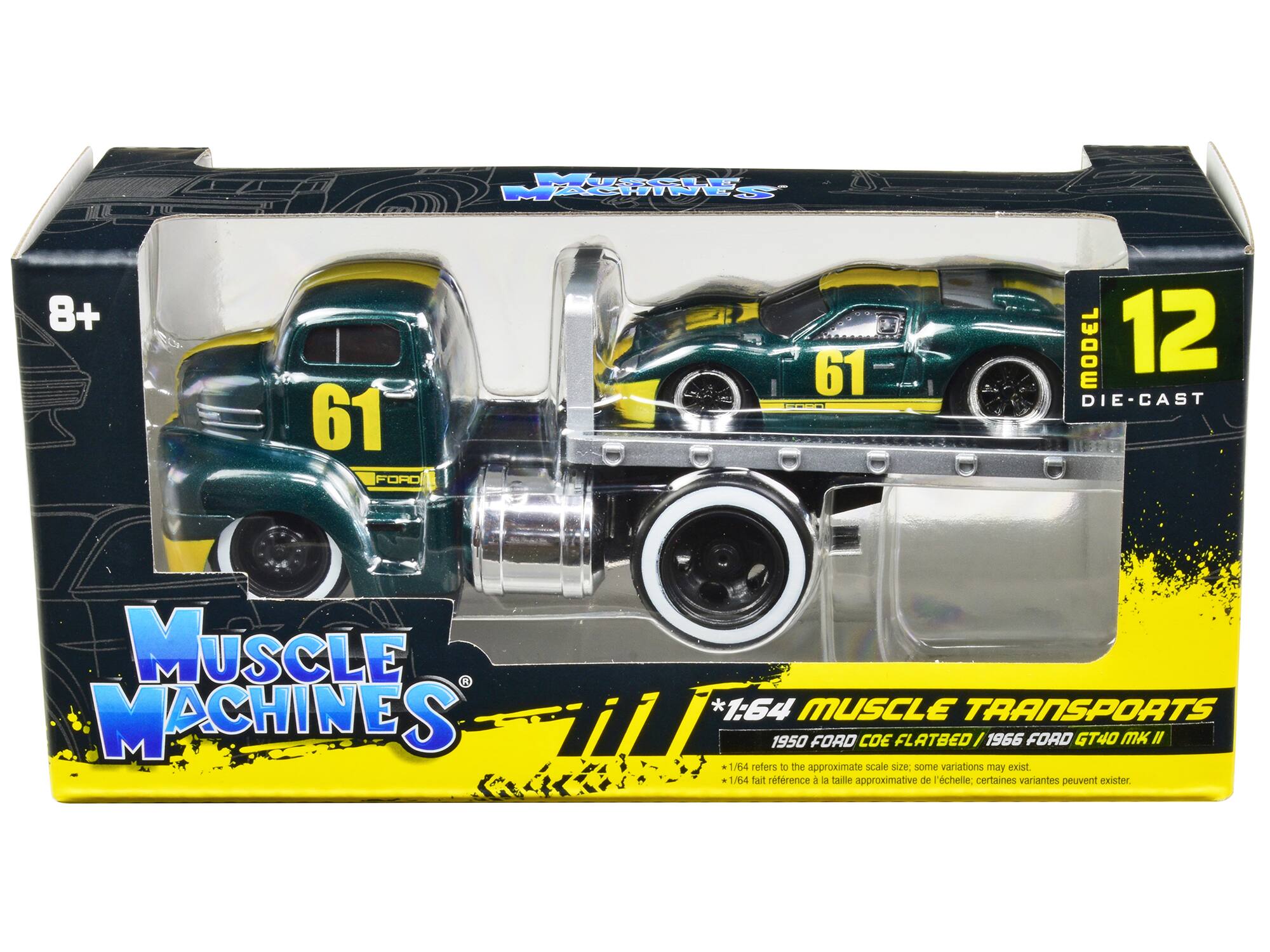 Sure, here is the corrected and grouped text from the image:

---

**Muscle Machines**

**1:64 Muscle Transports**

- **1950 Ford COE Flatbed**
- **1966 Ford GT40 Mk II**

*1:64 refers to the approximate scale size; some variations may exist.*

*1/64 fait référence à la taille approximative; certaines variantes peuvent exister.*

**Model 12**

**Die-Cast**

**8+**

---

This text is organized to reflect the information on the packaging clearly and accurately.