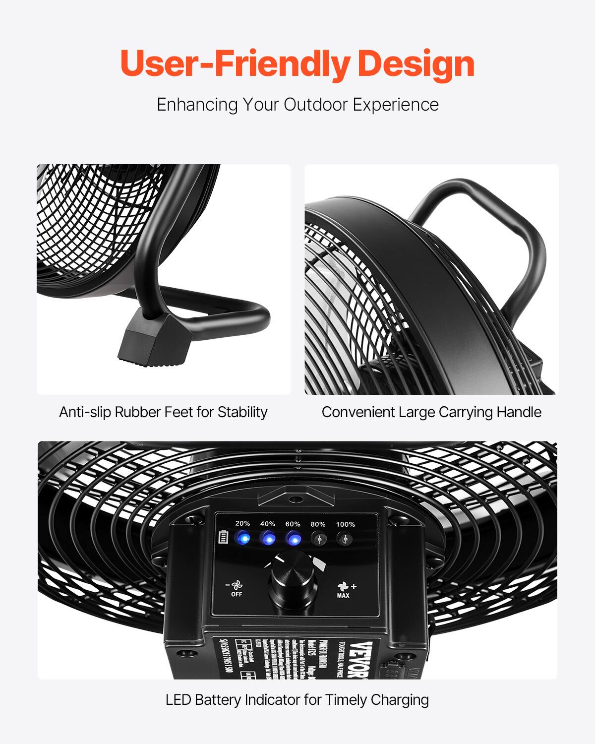 User-Friendly Design  
Enhancing Your Outdoor Experience  

Anti-slip Rubber Feet for Stability  

Convenient Large Carrying Handle  

LED Battery Indicator for Timely Charging