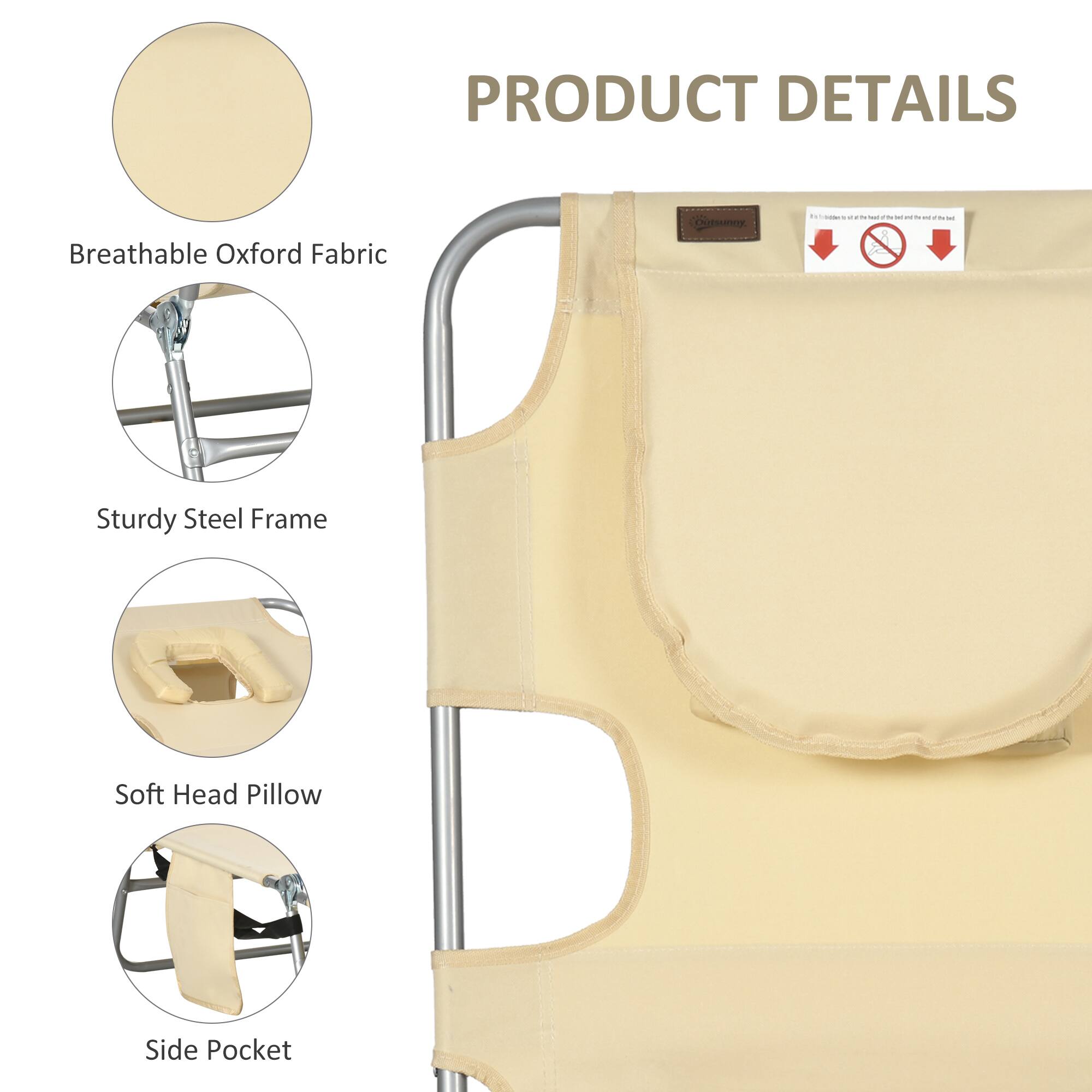 PRODUCT DETAILS

- Breathable Oxford Fabric
- Sturdy Steel Frame
- Soft Head Pillow
- Side Pocket