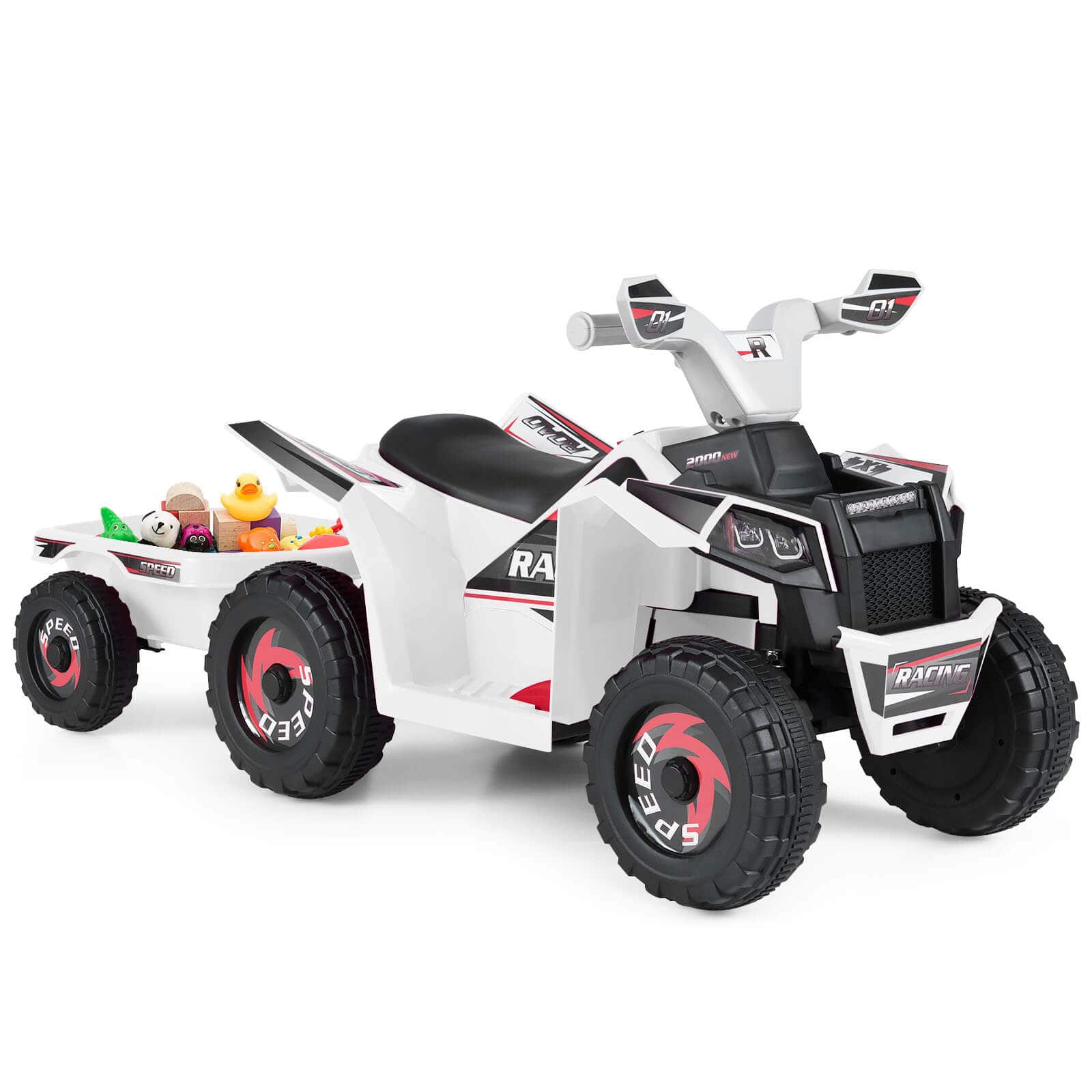 Costway - Kids Electric ATV Car, 6V Battery-Powered Ride on Toy wirh Removable Back Trailer - White
