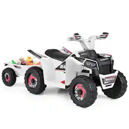 Costway - Kids Electric ATV Car, 6V Battery-Powered Ride on Toy wirh Removable Back Trailer - White