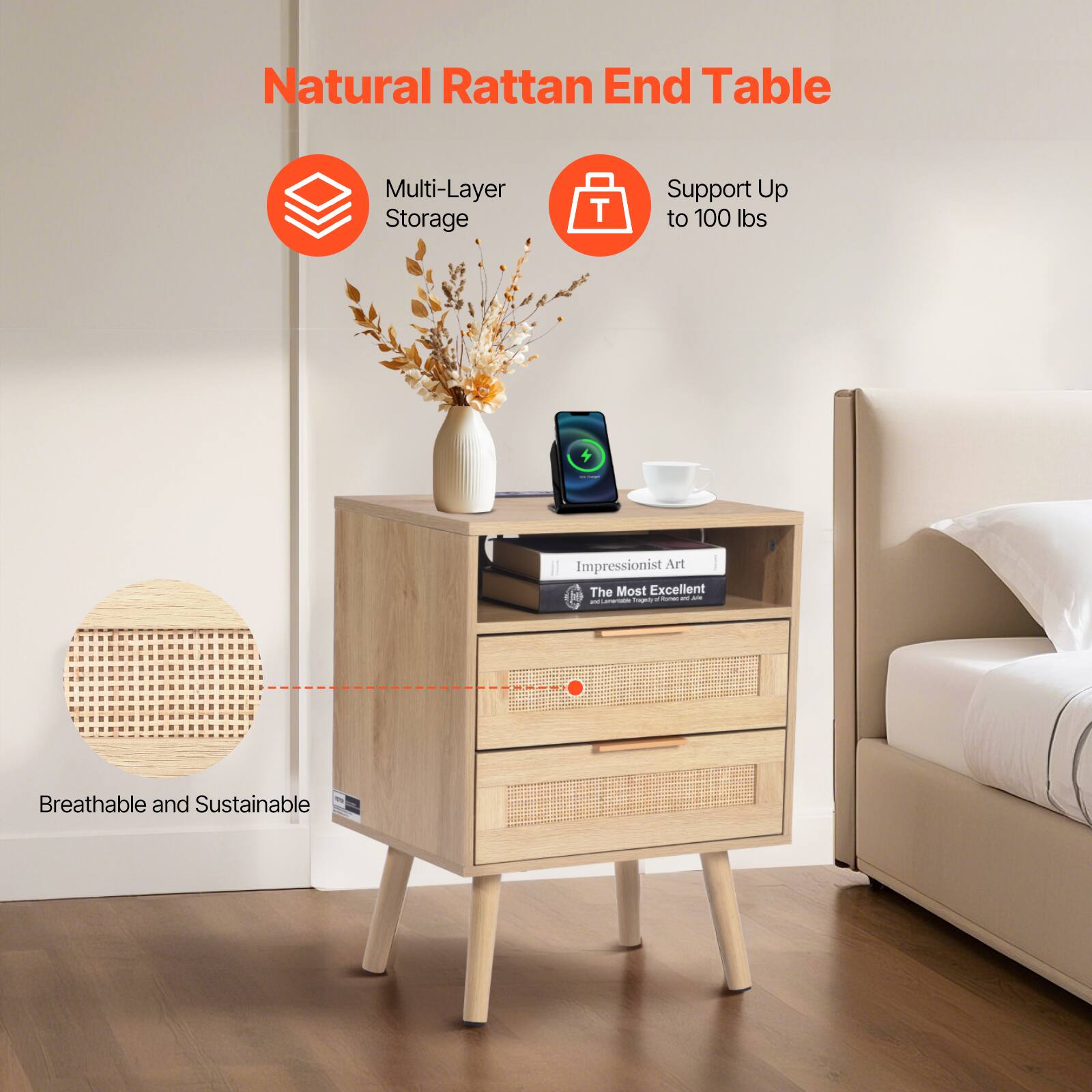 Natural Rattan End Table

- Multi-Layer Storage
- Support Up to 100 lbs
- Breathable and Sustainable

Impressionist Art
The Most Excellent