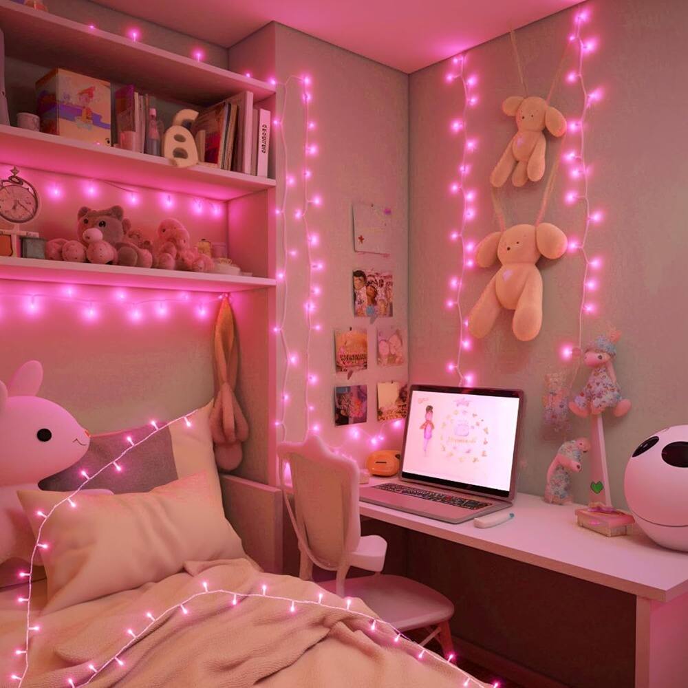 Angle. THIRSTY TURTLE - 9.8FT 30LED Pink Fairy Lights, Battery-Operated, Waterproof, Timer.