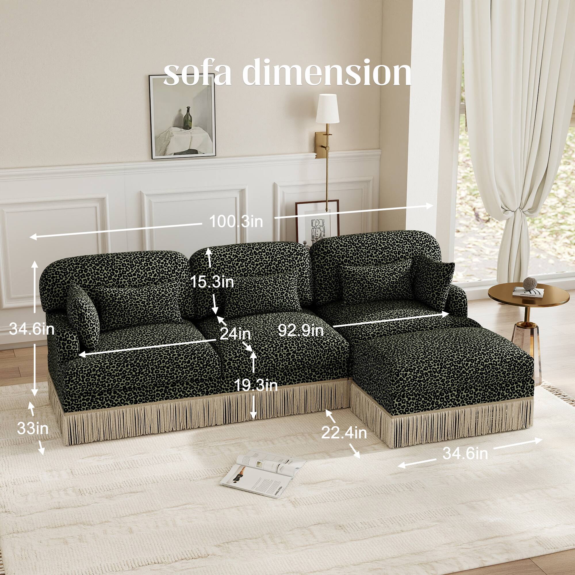 sofa dimension 100.3in 15.3in 34.6in 24in 92.9in 19.3in 33in 22.4in 34.6in