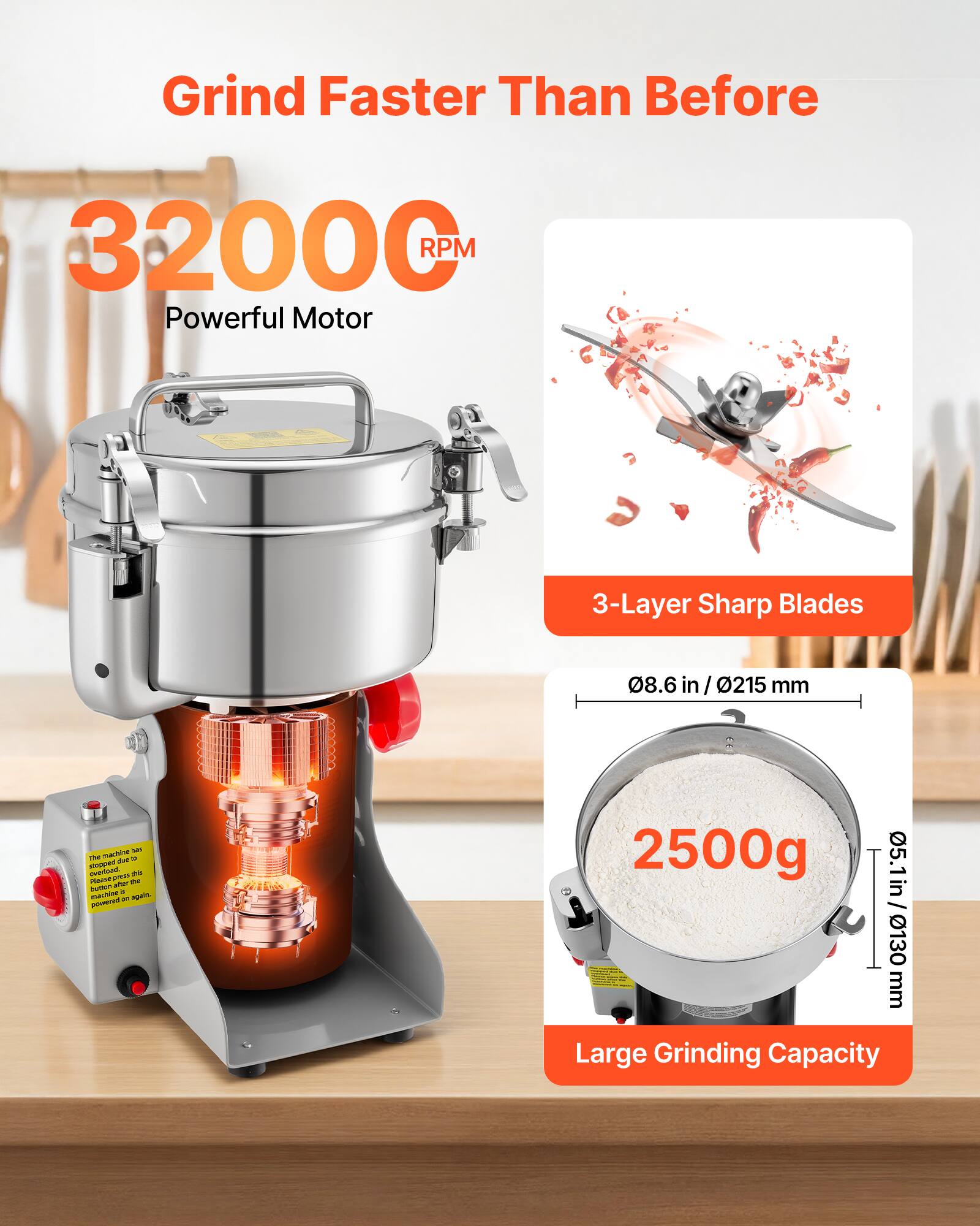 Grind Faster Than Before

32000 RPM Powerful Motor

3-Layer Sharp Blades

sun TM machine M stopped due to overfilled. press the button to restart the machine on again

08.6 in / 0215 mm

2500g

05.1 in / 0130 mm

Large Grinding Capacity