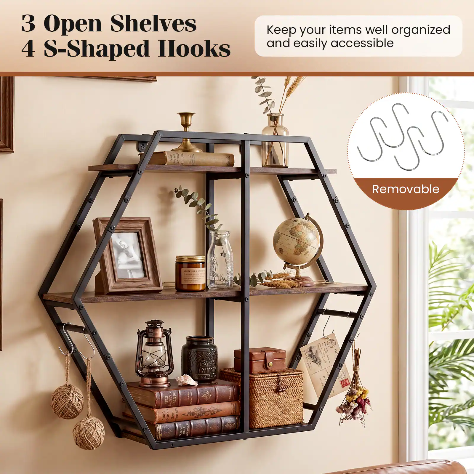 3 Open Shelves  
4 S-Shaped Hooks  

Keep your items well organized and easily accessible  

Removable