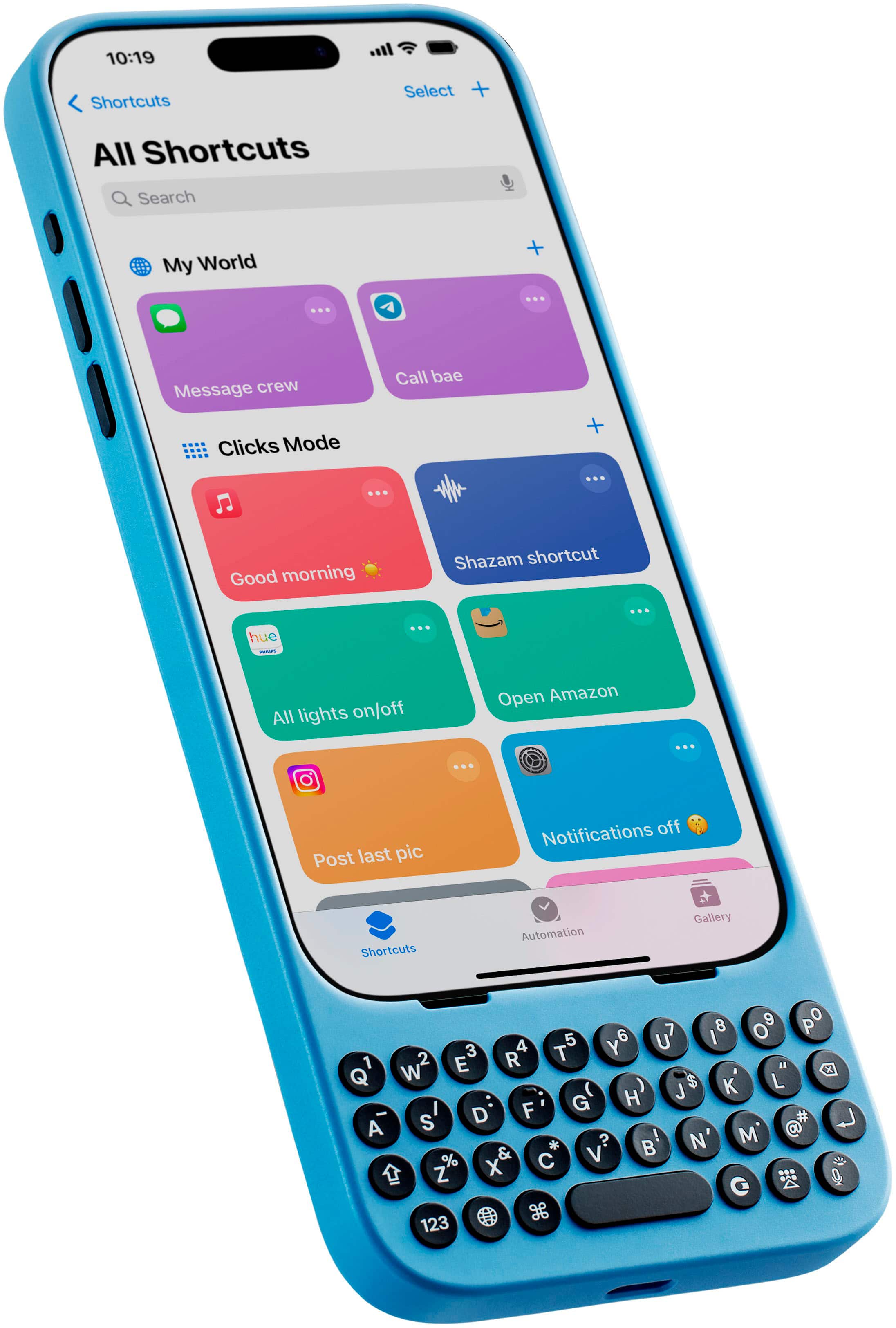 The text on the image is a collection of shortcuts for a smartphone. The shortcuts are organized in a list, and they include various functions such as "Good morning," "Shazam shortcut," "All lights on/off," "Open Amazon," "Post last pic," and "Notifications off." The shortcuts are displayed on the screen of the smartphone, which is placed on a white background.