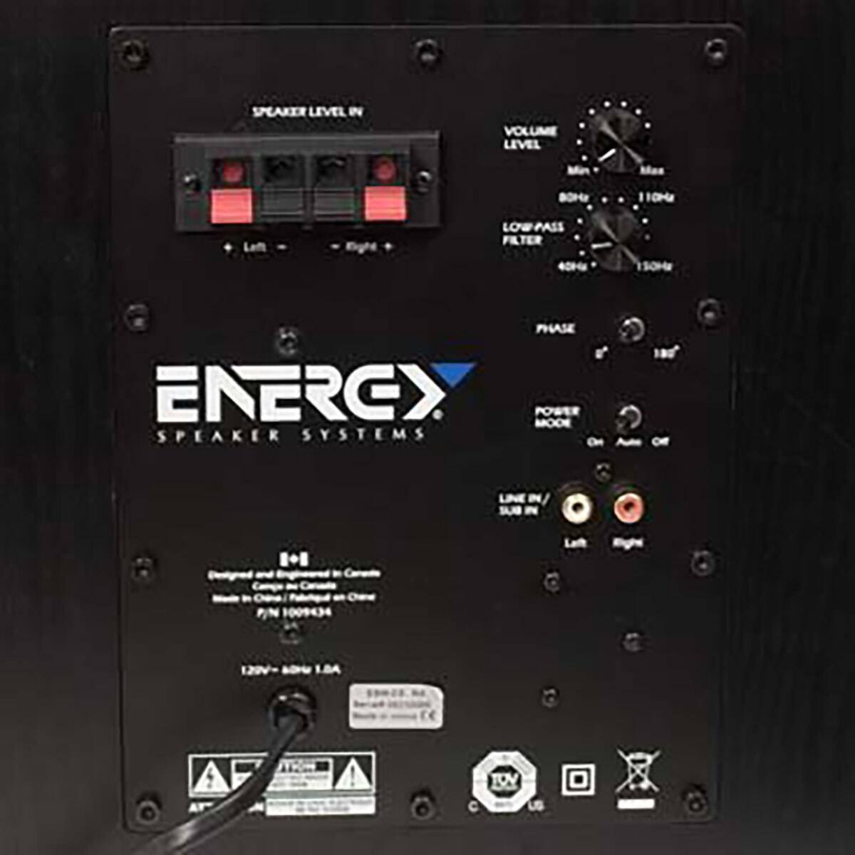 SPEAKER LEVEL IN  
VOLUME LEVEL  
LOWPASS FILTER  
PHASE  
POWER MODE  
SPEAKER SYSTEMS  
LINE IN  
L+ R  
ENERGY  
PN 100934  
LBA  
120V - 400W 1.5A