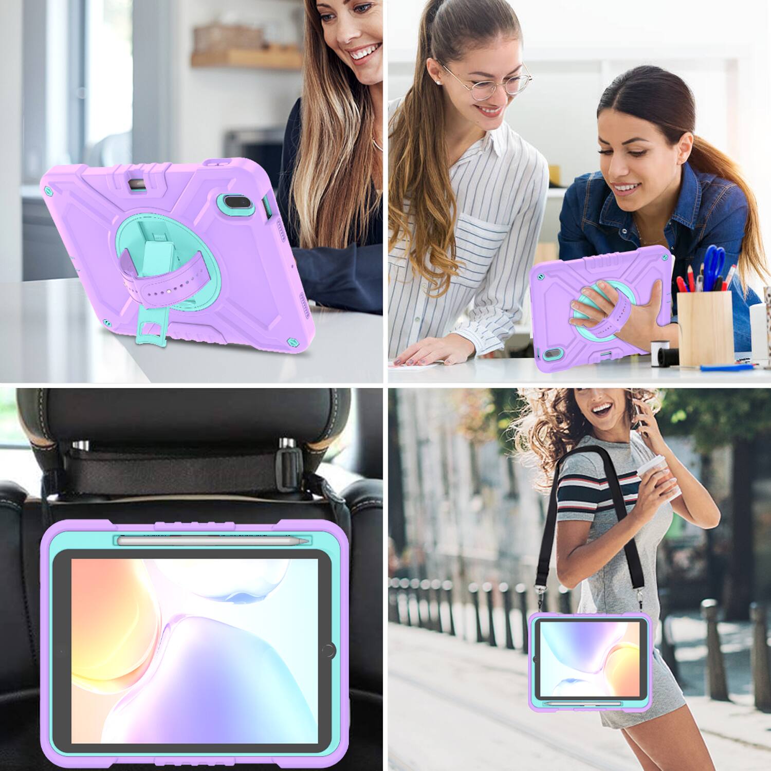 Alt View 8. Dteck - for Apple iPad (A16) 11" 2025/iPad 10th Gen 10.9 Inch 2022 Rugged Case,Shockproof Stand Cover + Shoulder Strap+Pen Slot - Purple Green.