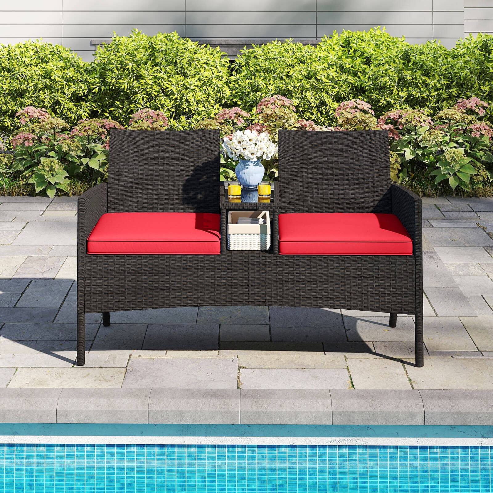 Alt View 4. Costway - Costway Patio Loveseat with Built-in Table Soft Cushions & Tempered Glass Tabletop - Red.