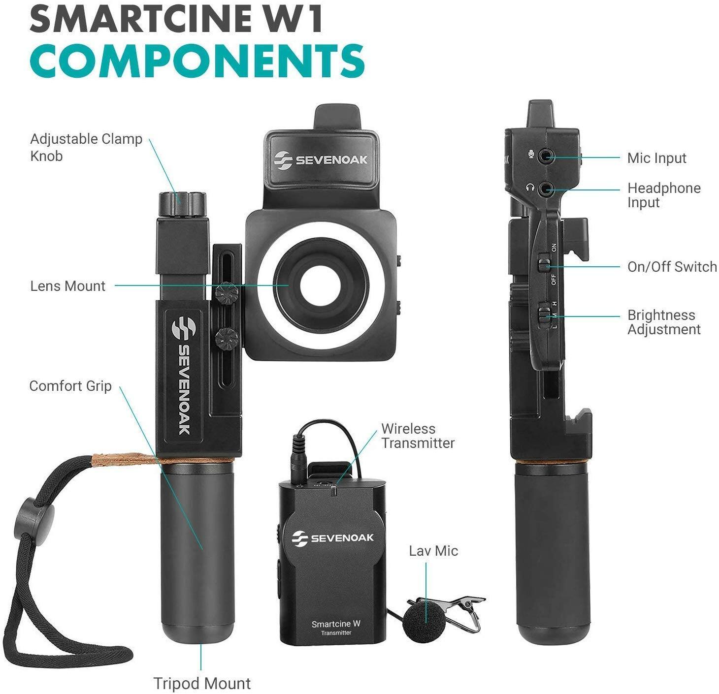SMARTCINE W1 COMPONENTS

- Adjustable Clamp Knob
- Lens Mount
- Comfort Grip
- Tripod Mount
- Mic Input
- Headphone Input
- On/Off Switch
- Brightness Adjustment
- Wireless Transmitter
- Lav Mic