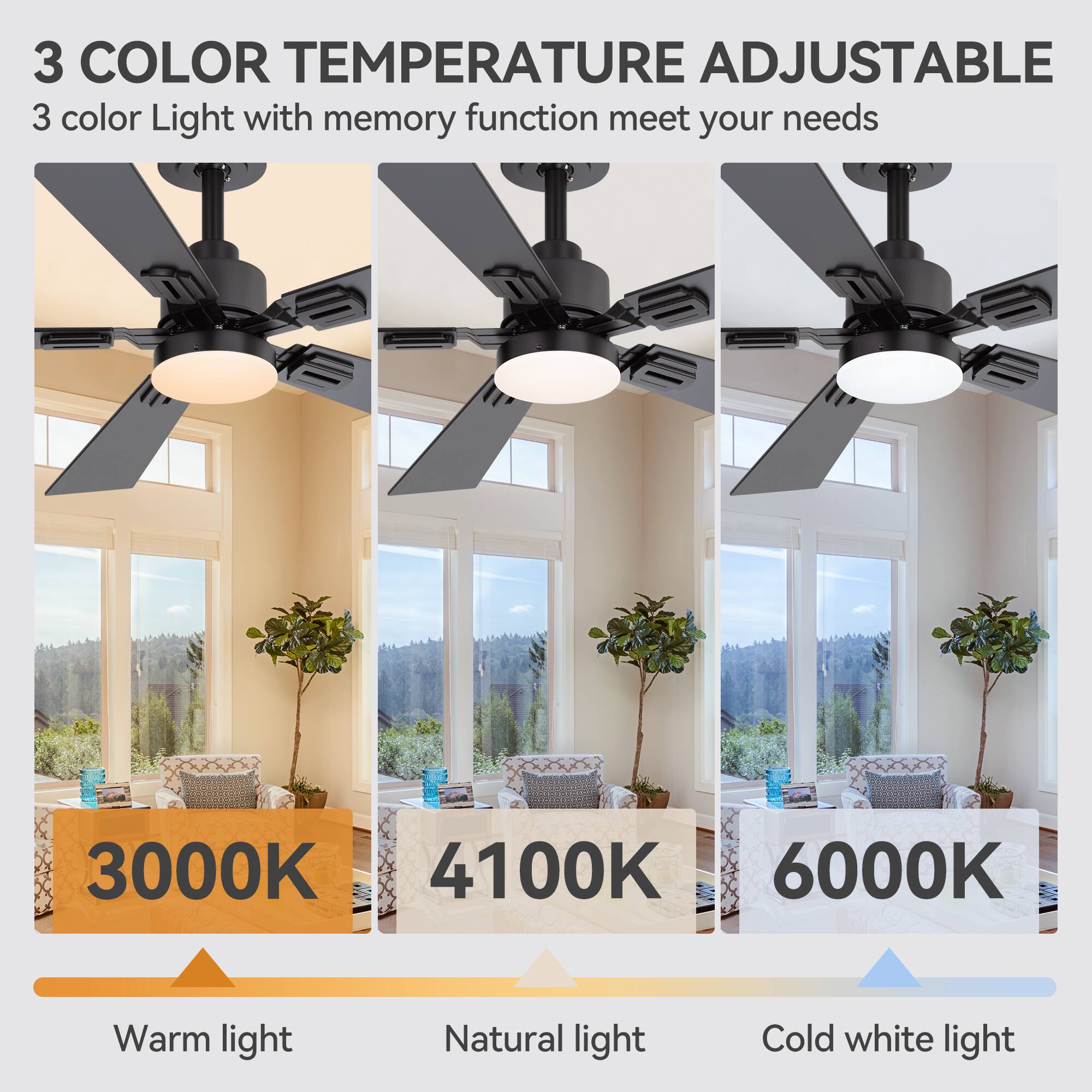 3 COLOR TEMPERATURE ADJUSTABLE
3 color Light with memory function meet your needs
3000K Warm light
4100K Natural light
6000K Cold white light