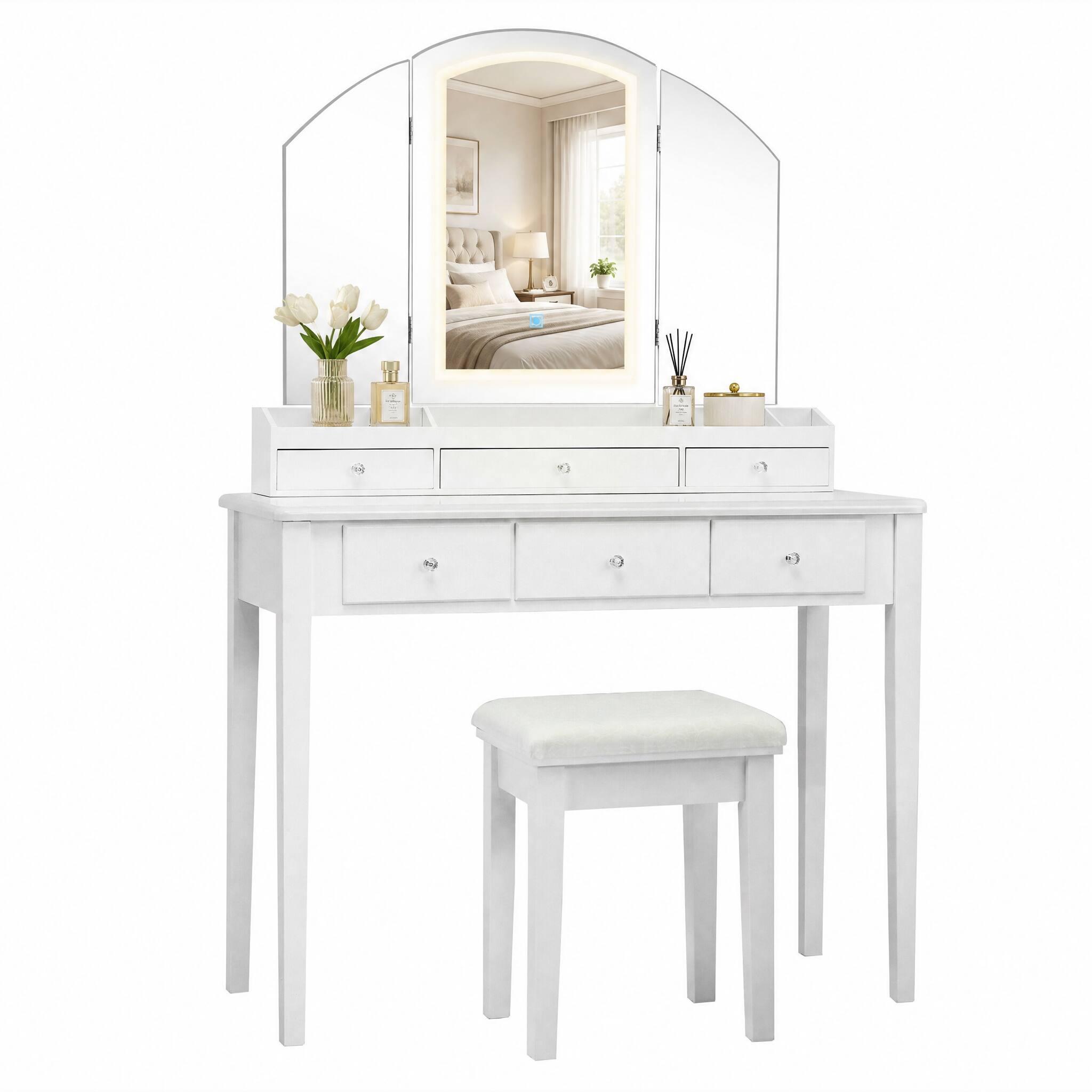 Alt View 5. WELLFOR - Makeup Vanity Table Stool Set with 3‑Color Lighted Mirror, 6 Drawers & Multi‑Slot Desktop Storage for Bedroom - White.
