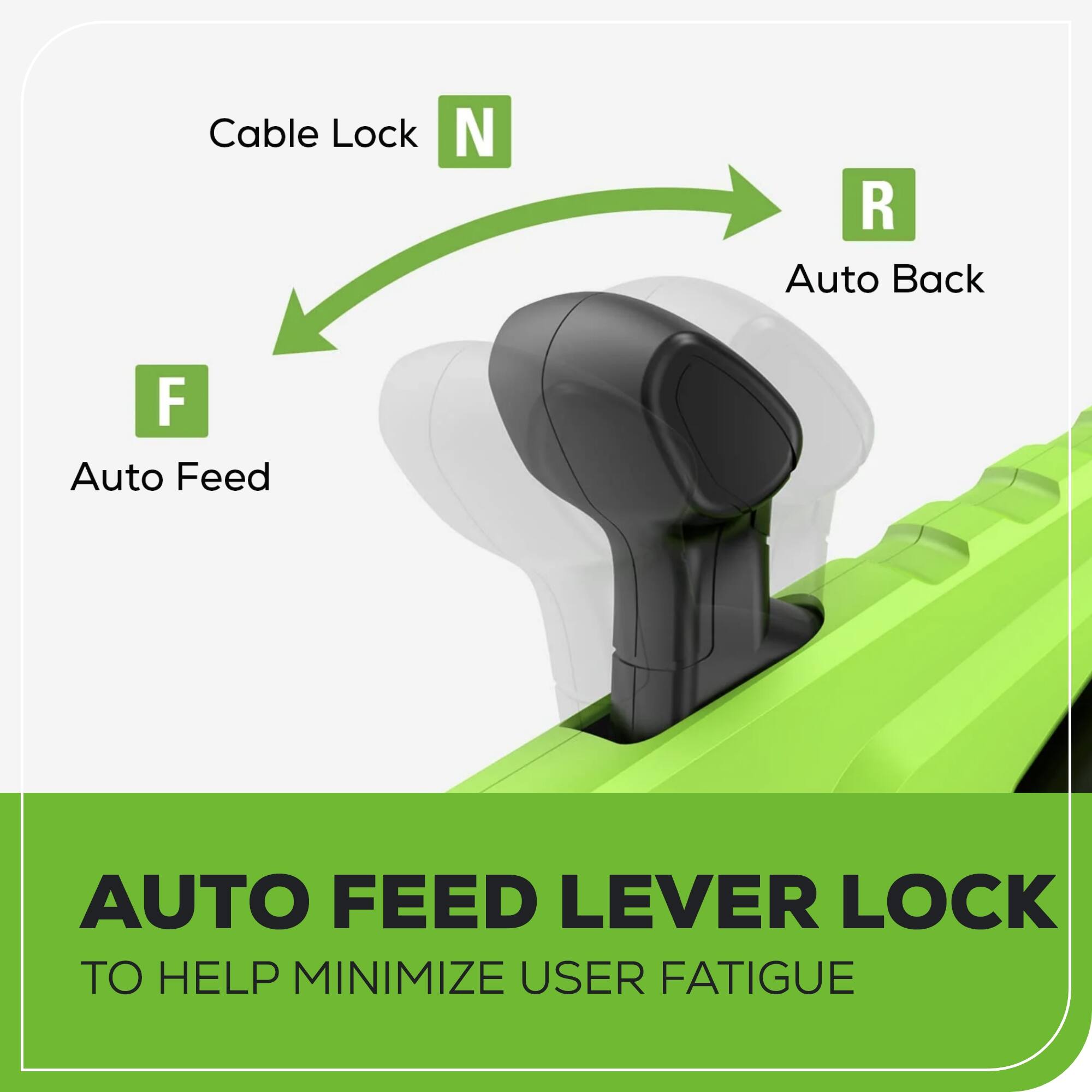 Cable Lock N R Auto Back F Auto Feed AUTO FEED LEVER LOCK TO HELP MINIMIZE USER FATIGUE