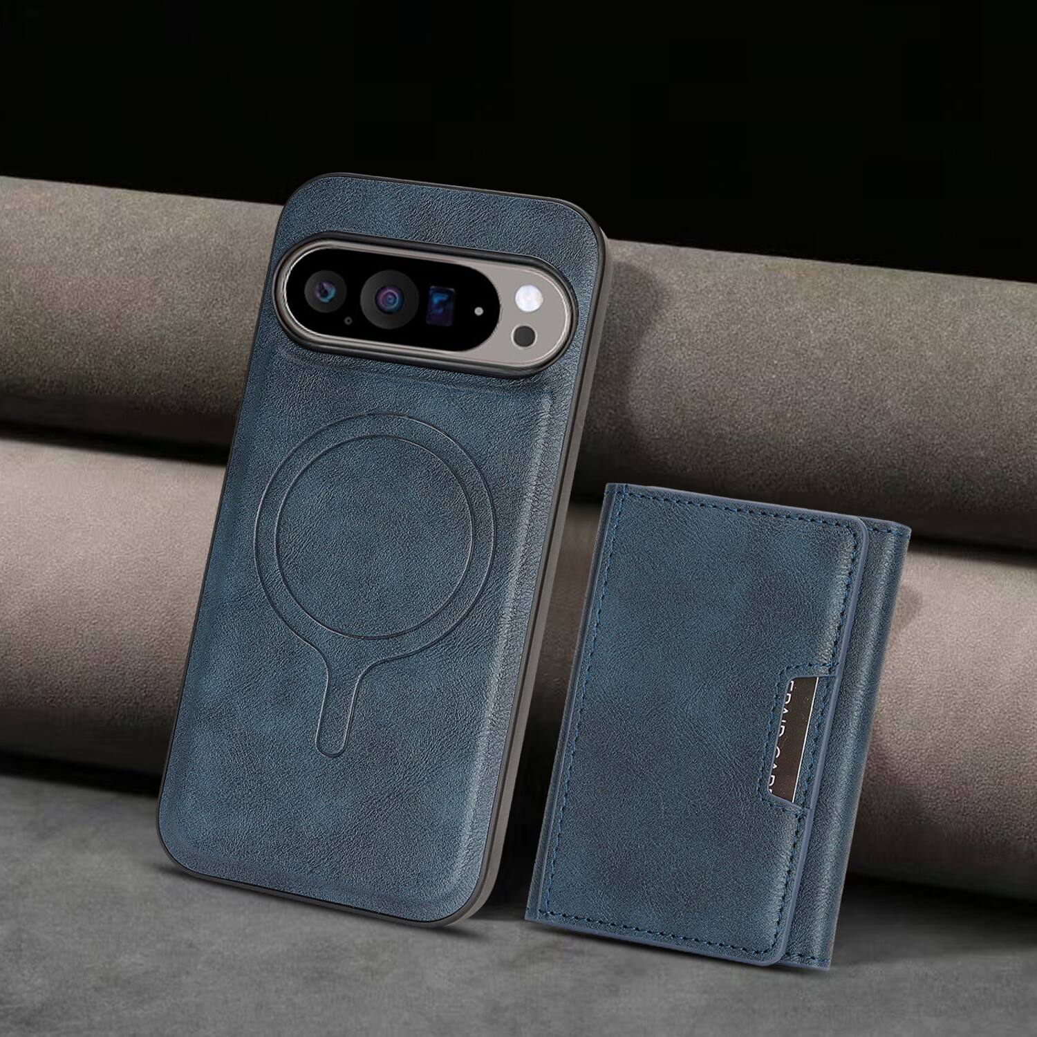 Back. Dteck - 2-in-1 Magnetic Wallet Case for Google Pixel 10 Pro, Shockproof PU Leather Cover with Detachable 7-Card Holder - Blue.