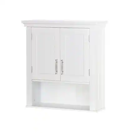 Front. SlickBlue - Stylish Bathroom Wall Cabinet with Open Shelf and Cupboard Storage - White.