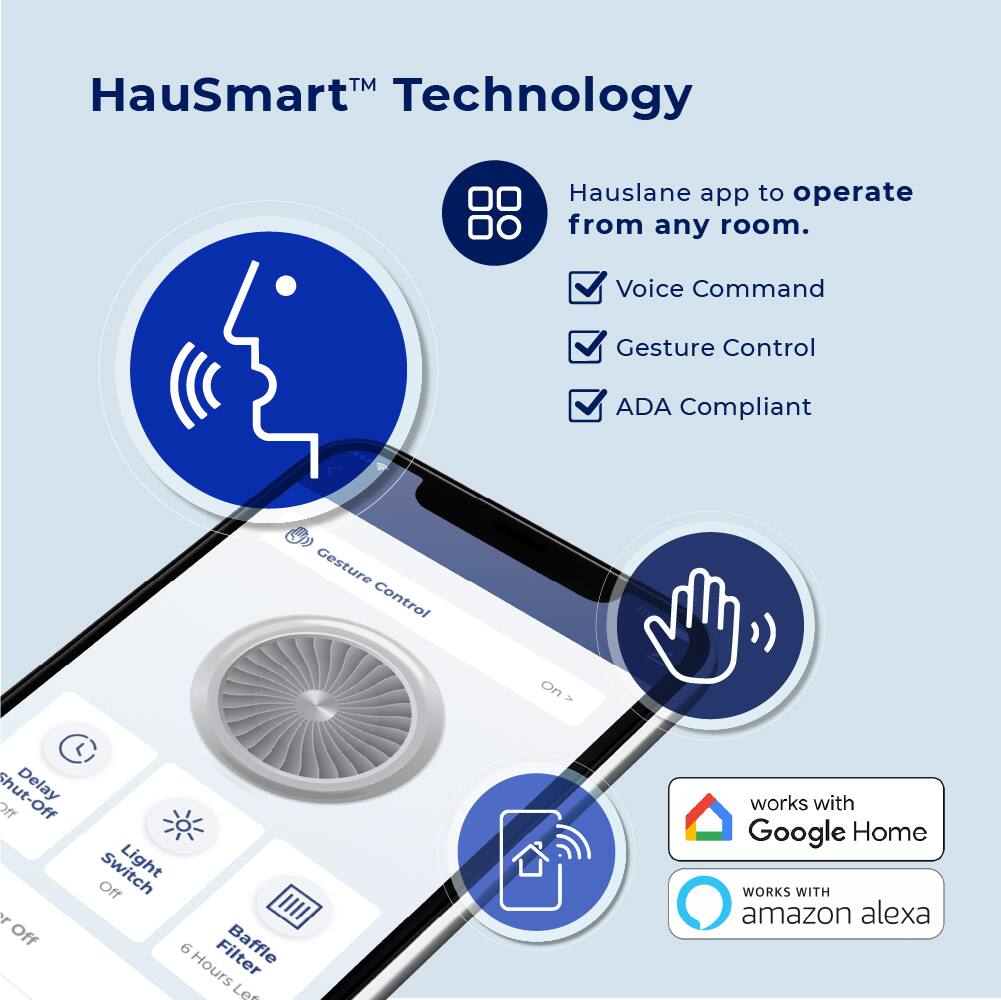 TM HauSmart Technology, Hauslane app to operate from any room. Voice Command, Gesture Control, ADA Compliant. Gesture Control, Delay Off, Switch Light Off or Off, 6 Baffle Hours Filter Les. Works with Google Home, Works with Amazon Alexa.