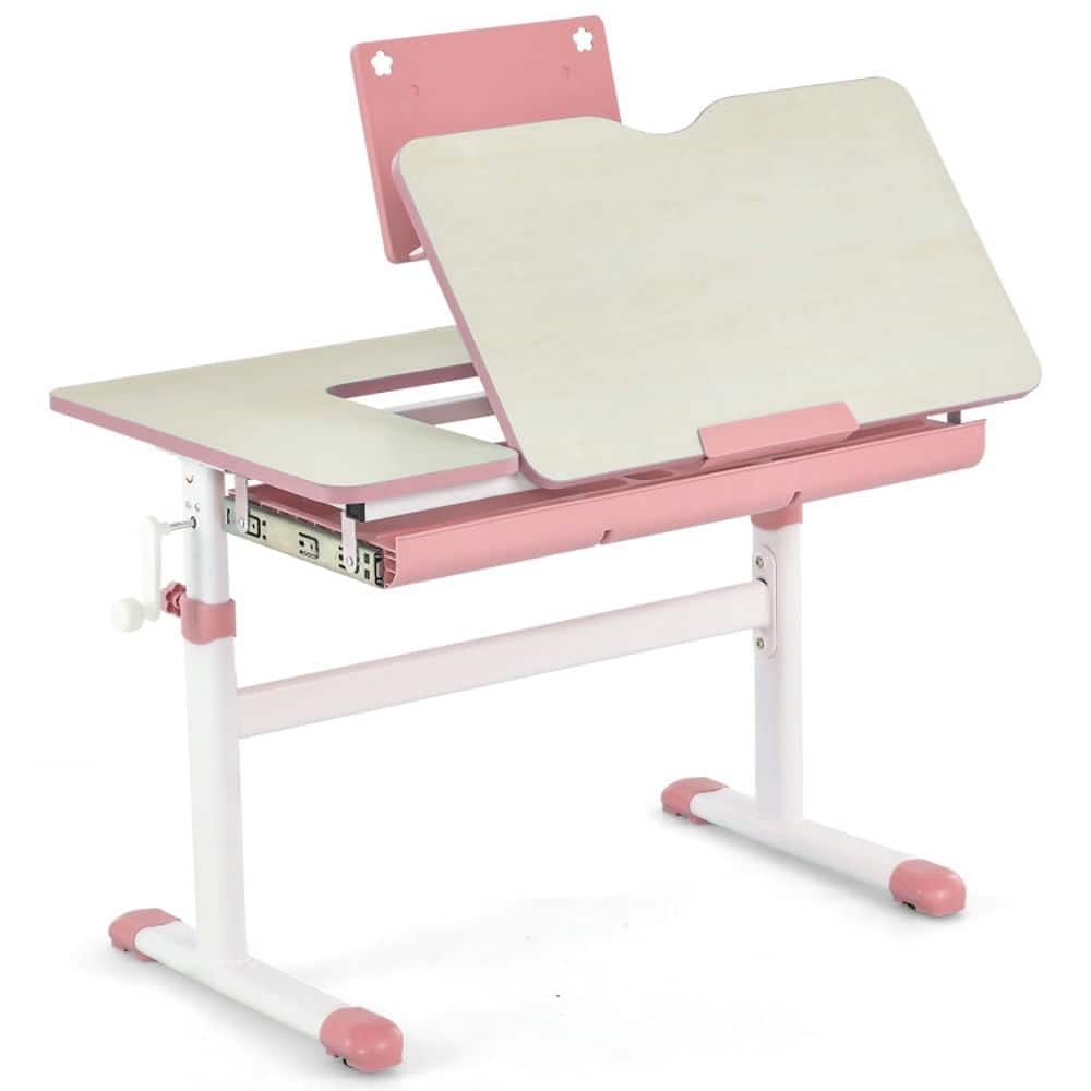 Resenkos - Height-Adjustable Kids Desk with Tilt Desktop and Book Stand- Small Folding Table for Arts & Crafts, Snack Time - Pink