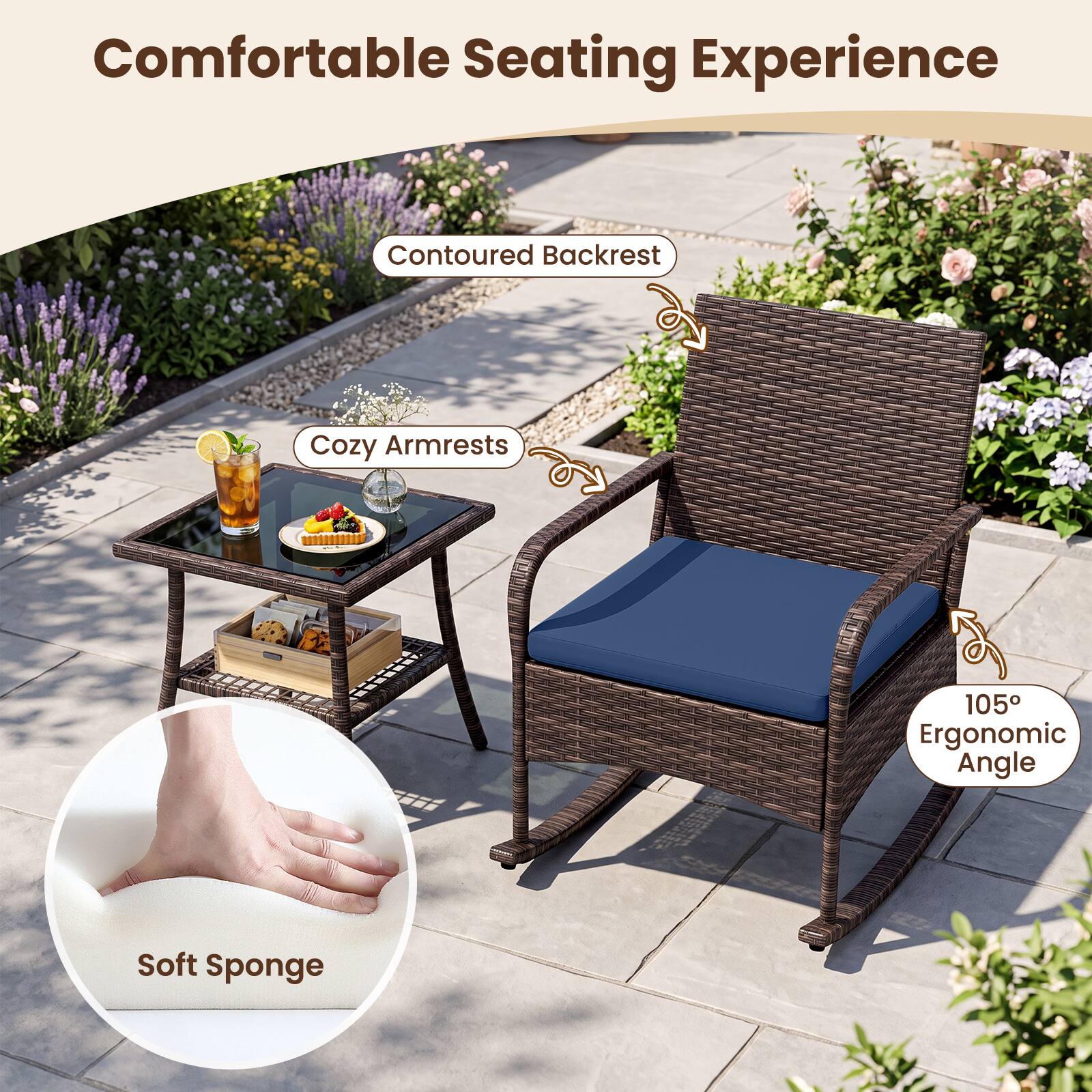 Comfortable Seating Experience  
Contoured Backrest  
Cozy Armrests  
105° Ergonomic Angle  
Soft Sponge