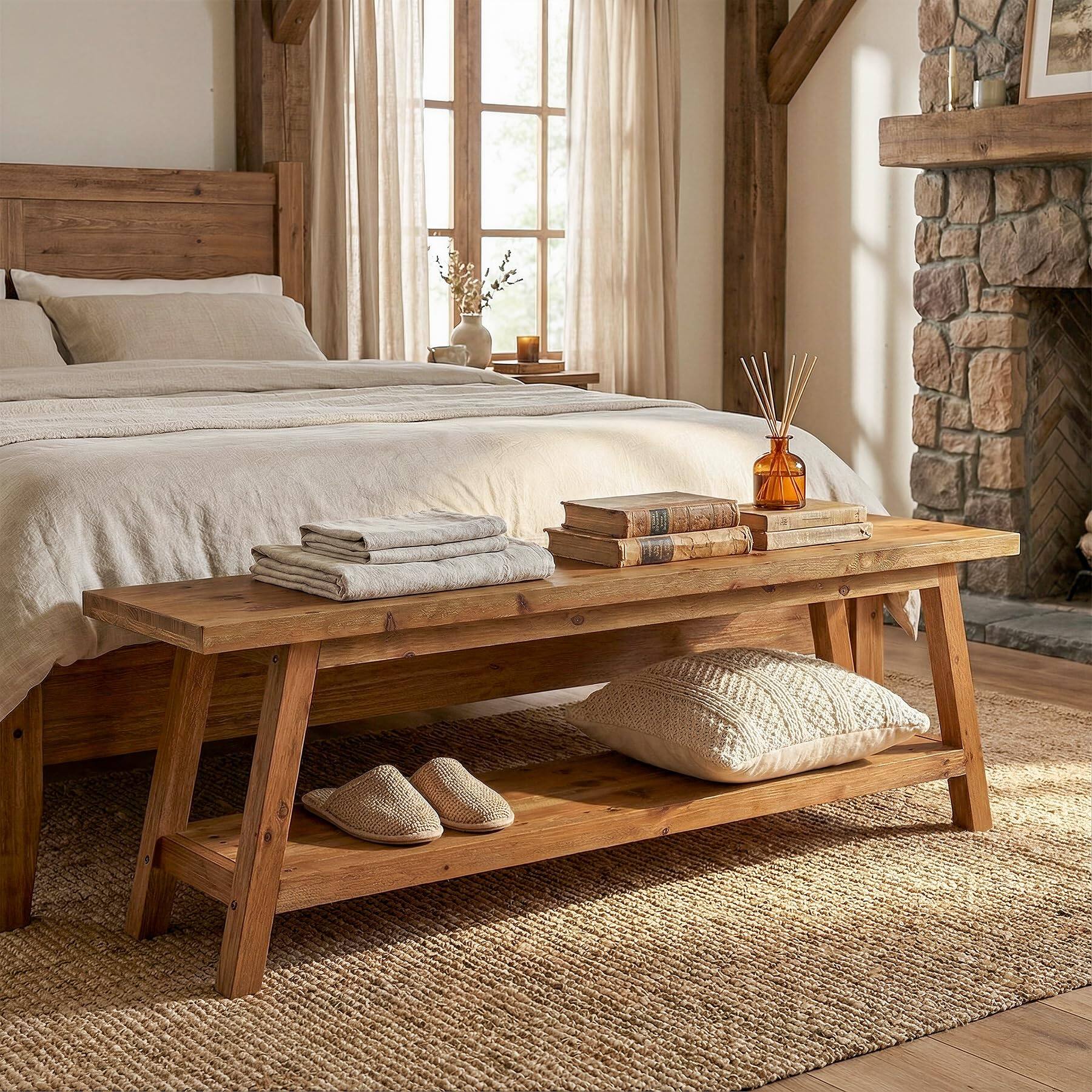 Alt View 1. Tribesigns - Solid Wood 63-inch Long Dining Bench with Storage Shelf, - Brown.