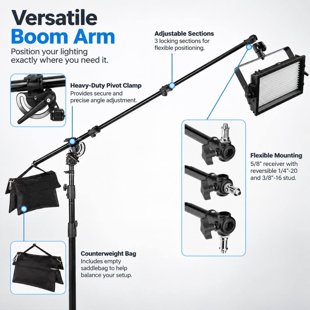 Versatile Boom Arm  
Position your lighting exactly where you need it.  

Adjustable Sections  
3 locking sections for flexible positioning.  

Heavy-Duty Pivot Clamp  
Provides secure and precise angle adjustment.  

Flexible Mounting  
5/8" receiver with reversible 1/4"-20 and 3/8"-16 stud.  

Counterweight Bag  
Includes empty saddlebag to help balance your setup.