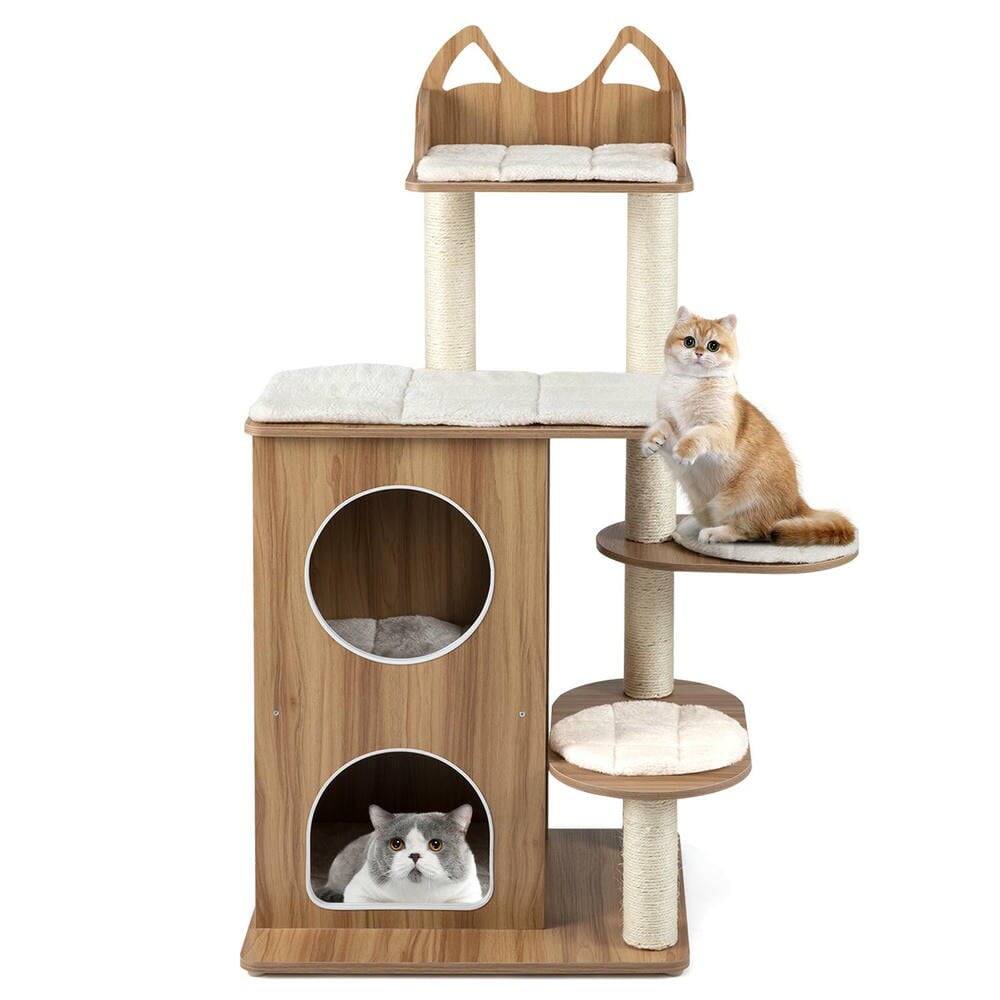 Alt View 4. Kadyn - 48-Inch Wooden Cat Tree with Two-Story Condo and Washable Cushions, Natural - Brown.