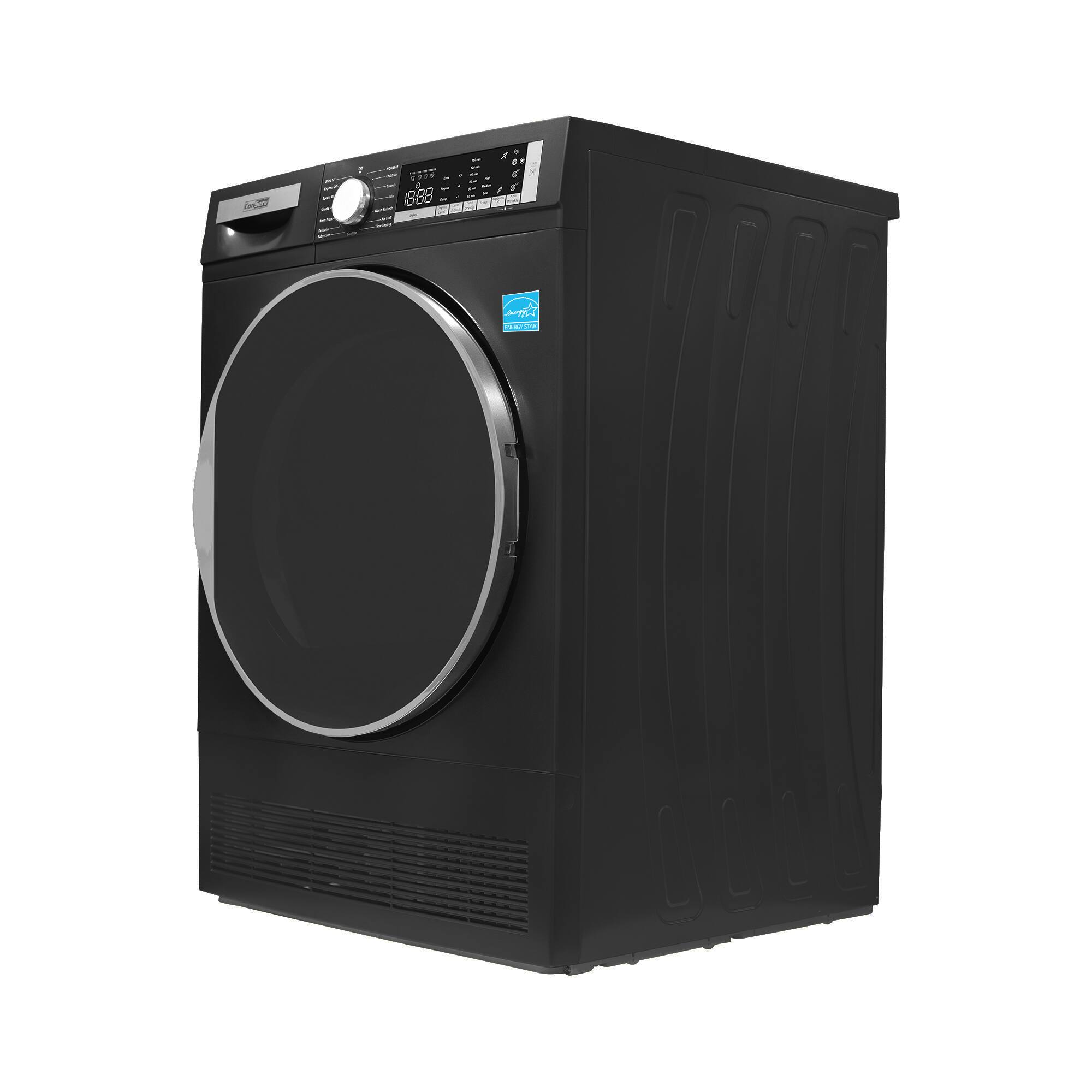 Left. Conserv - Conserv 4 Cu. Ft. Ventless Condensing Electric Dryer | Sanitize, LED, Reversible Door | Energy Star 220V - Stackable - Matte Black.