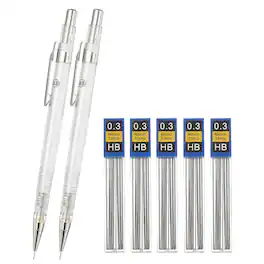 Unique Bargains - 2pcs Mech Pencil 0.3mm, Lead Holder Broad Point Plastic w/ Eraser, 4pcs Refills, for Drawing, Sketching - White