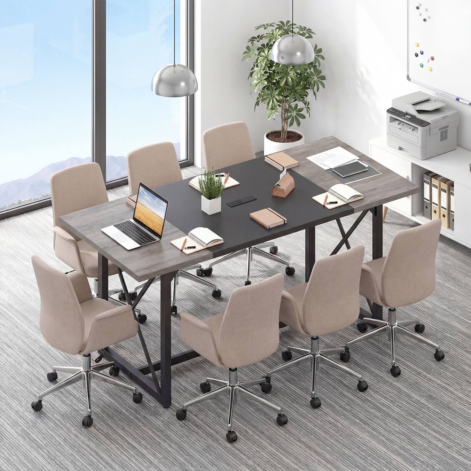 Alt View 1. Costway - Costway 2 PCS Conference Table with Power Outlets, Thickened Top & Heavy-duty Metal Frame - Gray Oak.