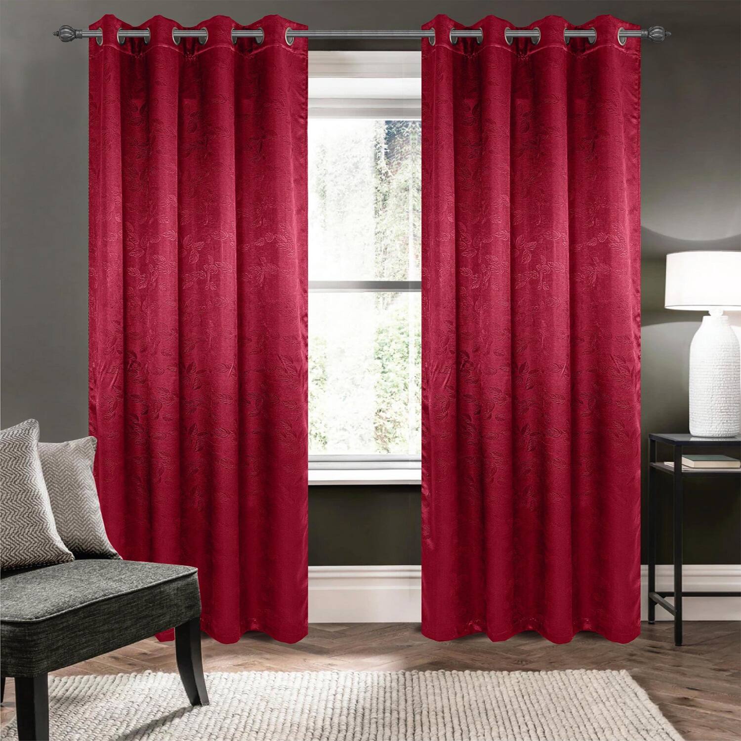 Angle. Olivia Gray - Olivia Gray 100% Polyester 200 GSM Arlo Embossed Blackout Grommet Curtain Panel 54" x 84" Burgendy - Burgundy.