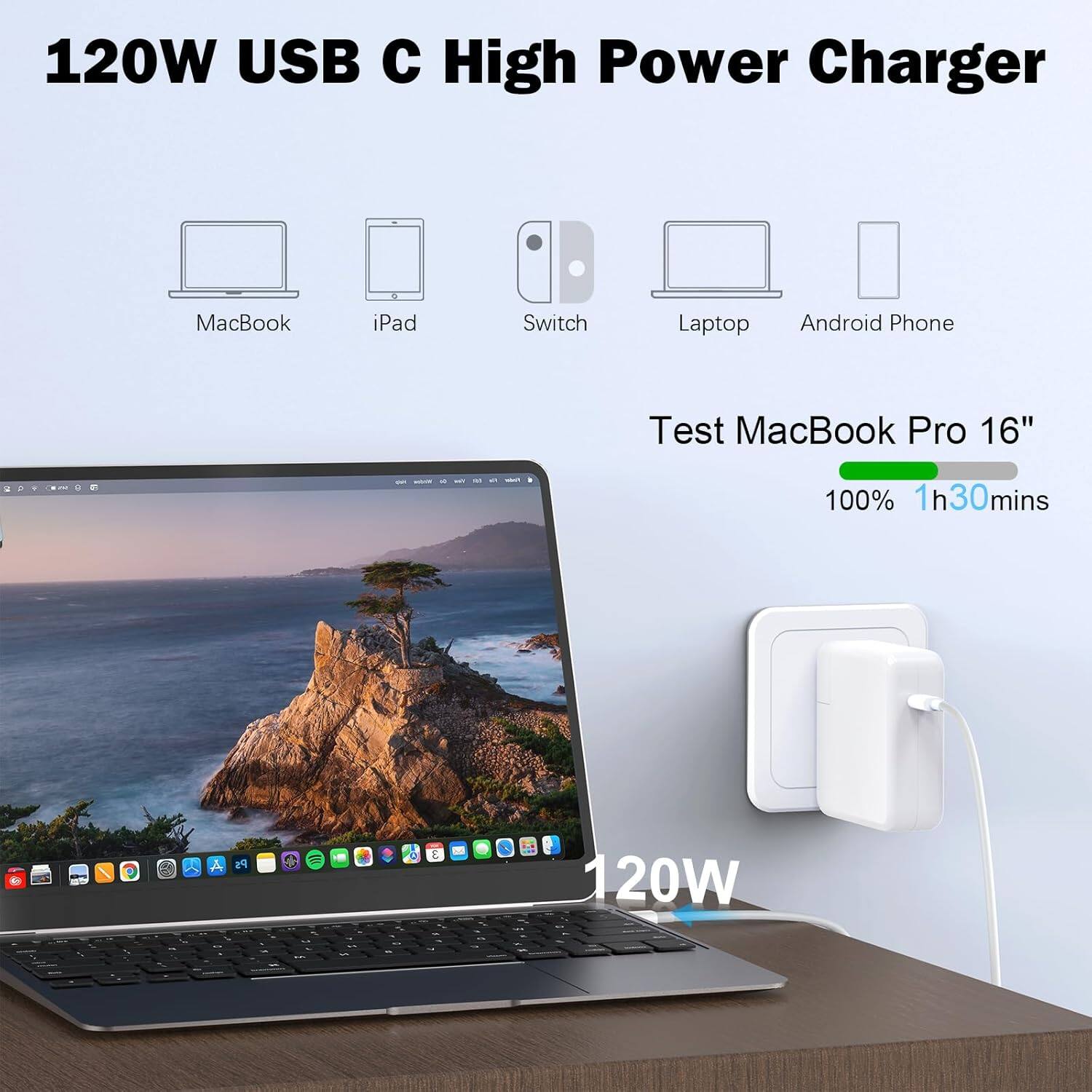 120W USB C High Power Charger

MacBook iPad Switch Laptop Android Phone

Test MacBook Pro 16"
100% 1h30mins

120W
