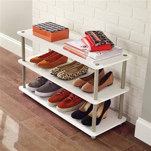 Left. SlickBlue - 3-Shelf Shoe Organizer Holds Up to 12 Pairs for Neat Storage - White.