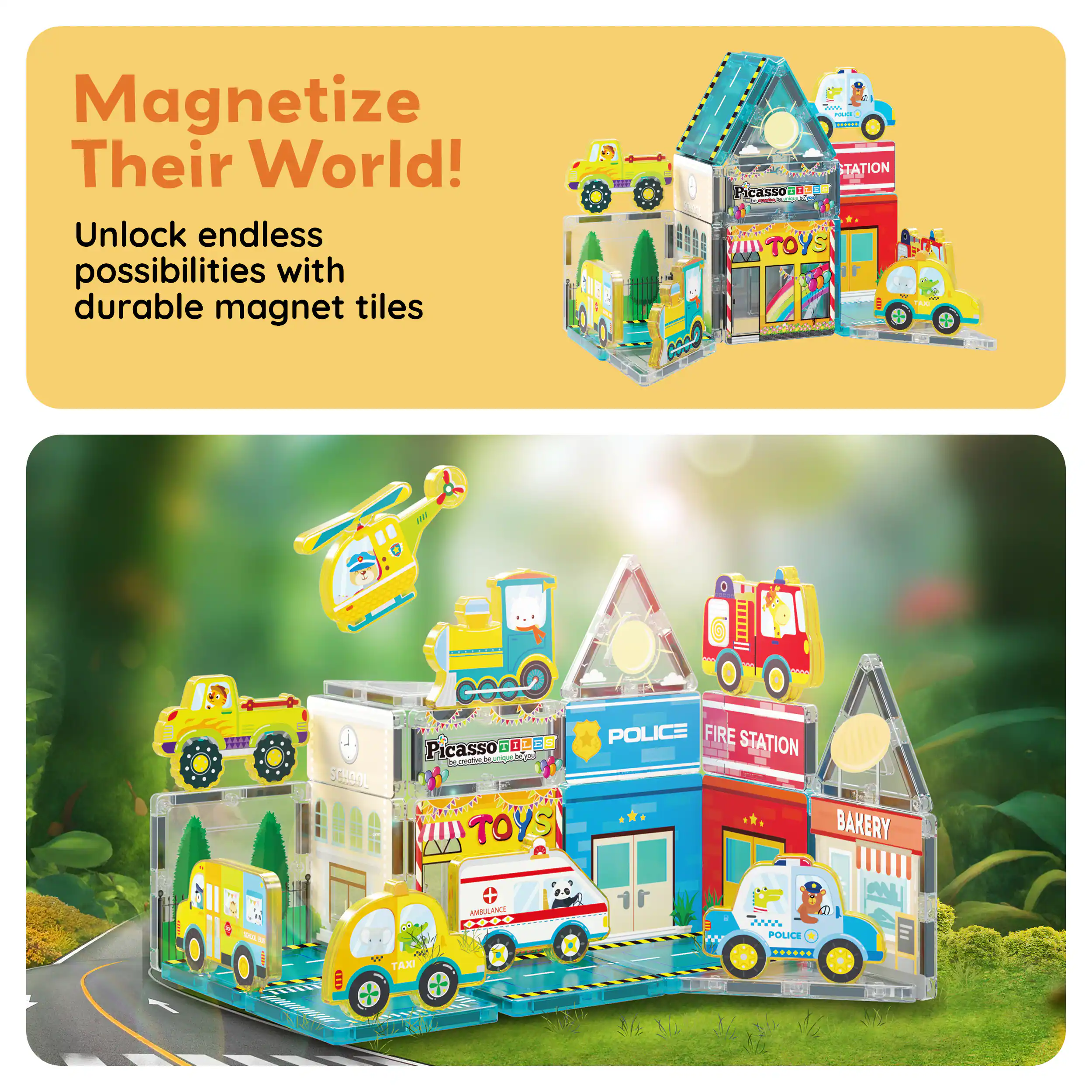 Magnetize Their World!  
Unlock endless possibilities with durable magnet tiles  

Picasso TOYS  
- SCHOOL  
- TOYS  
- POLICE  
- FIRE STATION  
- BAKERY  
- TAXI  
- AMBULANCE  

www.PicassoTOYS.com