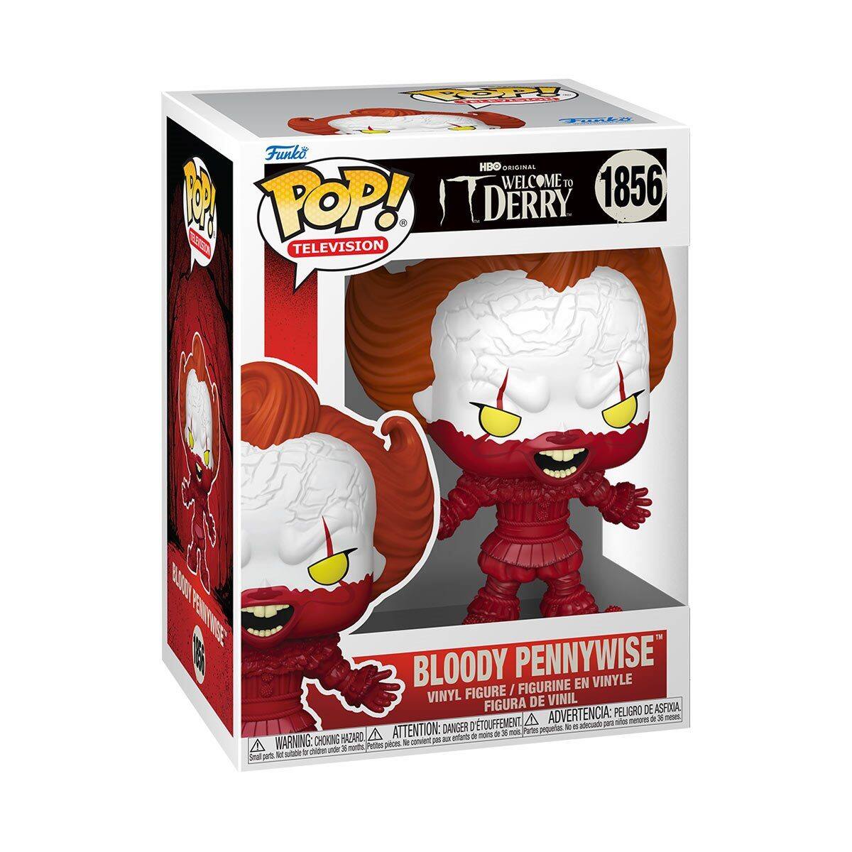 Funko POP! TELEVISION  
HBO ORIGINAL  
WELCOME TO DERRY  
1856  

BLOODY PENNYWISE  
VINYL FIGURE / FIGURINE EN VINYLE / FIGURA DE VINIL  

WARNING: CHOKING HAZARD - Small parts. Not for children under 3 years.  
ADVERTENCIA: PEIGURO DE ASFIXIA - NO PASA AUX ENFANTES DE MOINS DE 3 ANS.  
ATTENTION: DANGER D'ETOUFFEMENT - Non adapté pour les enfants de moins de 3 ans.