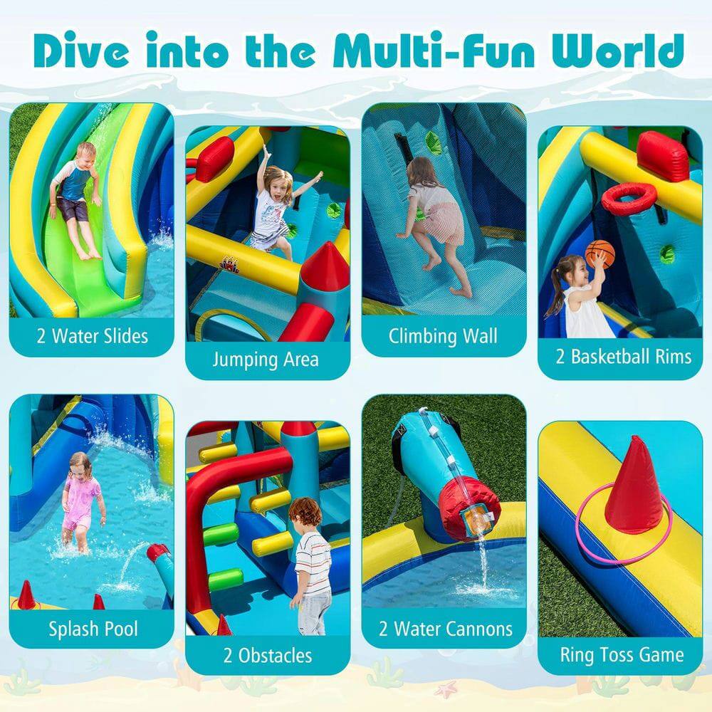 Dive into the Multi-Fun World

- 2 Water Slides
- Jumping Area
- Climbing Wall
- 2 Basketball Rims
- Splash Pool
- 2 Obstacles
- 2 Water Cannons
- Ring Toss Game