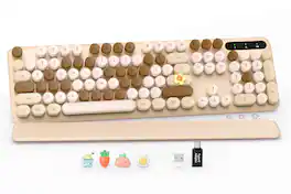 PRIMEPLUS - Wireless Keyboard & Mouse, Round Keycaps, Magnetic Wrist Rest, Retro Typewriter, 2.4G, Auto Sleep, Purple, Mac/Windows - Beige Brown