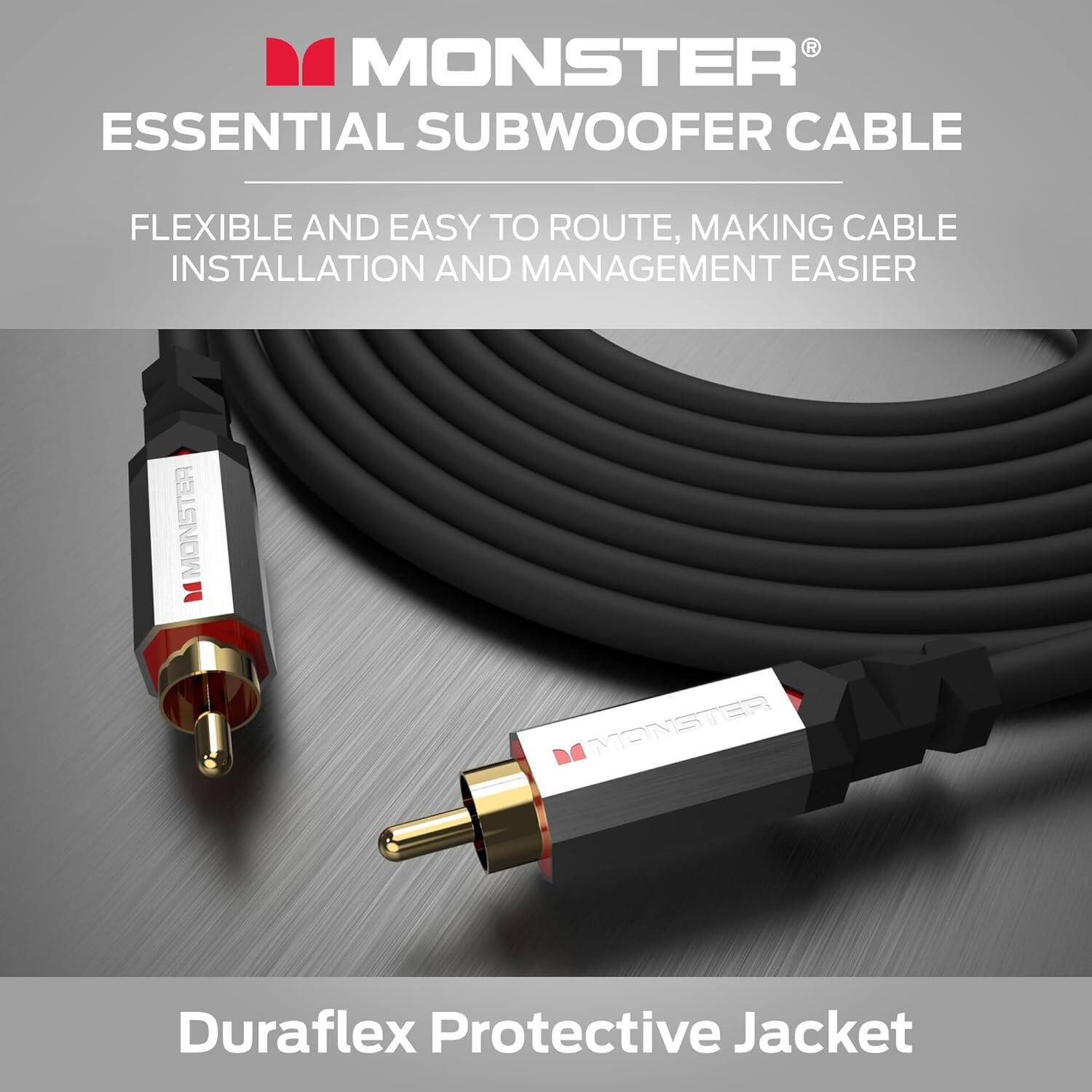 MONSTER ESSENTIAL SUBWOOFER CABLE FLEXIBLE AND EASY TO ROUTE, MAKING CABLE INSTALLATION AND MANAGEMENT EASIER MONSTER = MANSTER Duraflex Protective Jacket