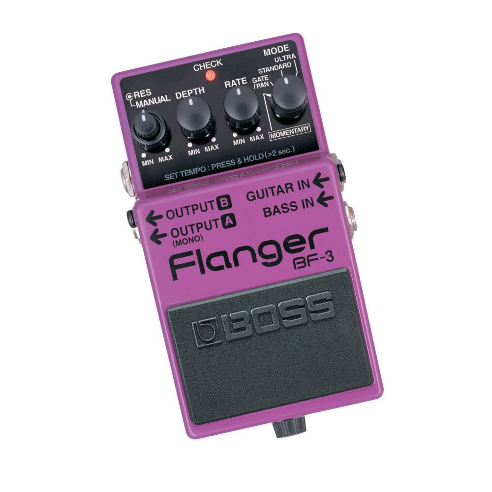 MODE ULTRA STANDARD GATE / PAN  
CHECK  
RATE  
DEPTH  
MANUAL  
RES  
MIN MAX  
MIN MAX  
MIN MAX  
SET TEMPO: PRESS & HOLD (>2 sec.)  
GUITAR IN  
BASS IN  
OUTPUT A (MONO)  
OUTPUT B  
Flanger BF-3  
BOSS