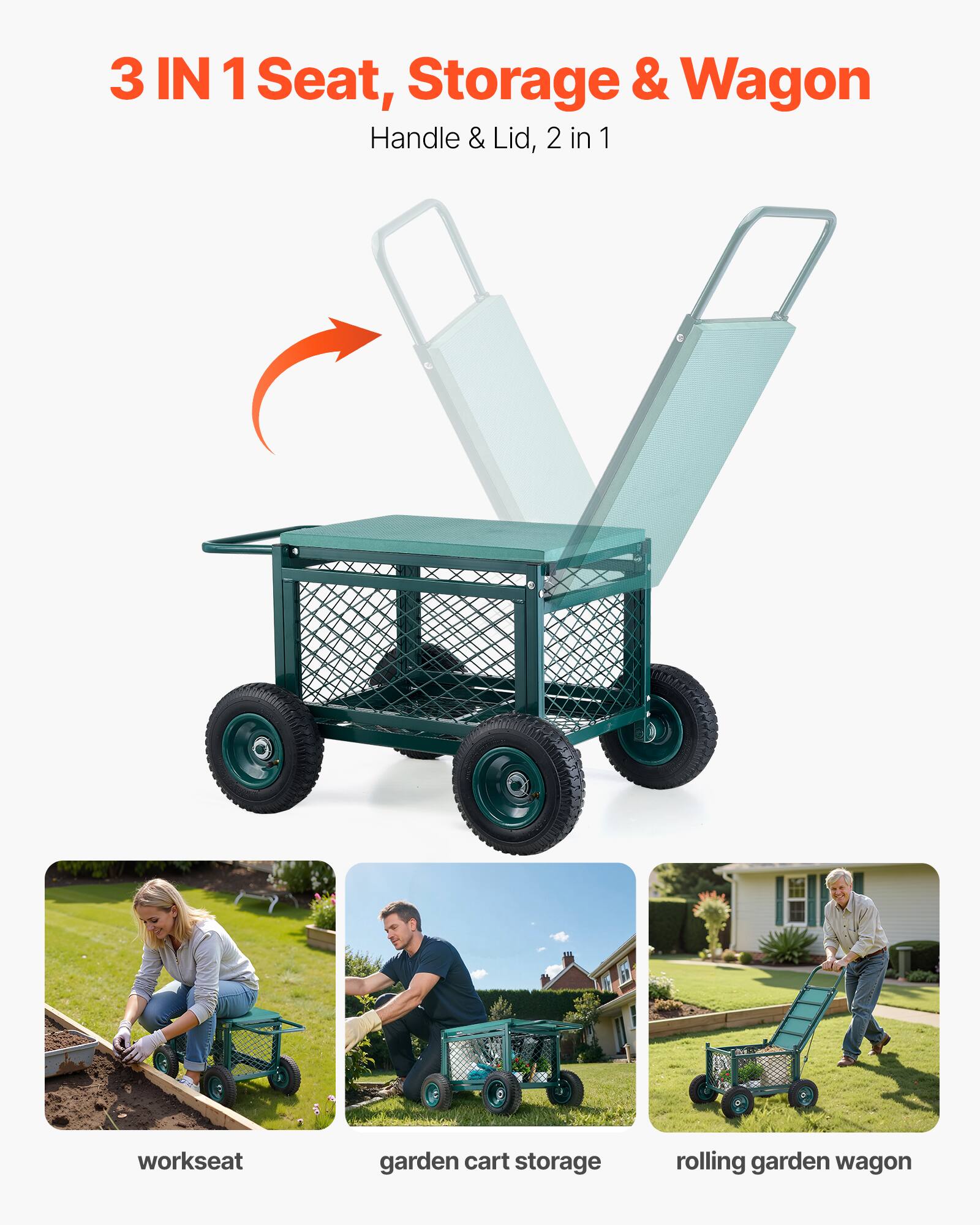 3 IN 1 Seat, Storage & Wagon
Handle & Lid, 2 in 1
workseat
garden cart storage
rolling garden wagon