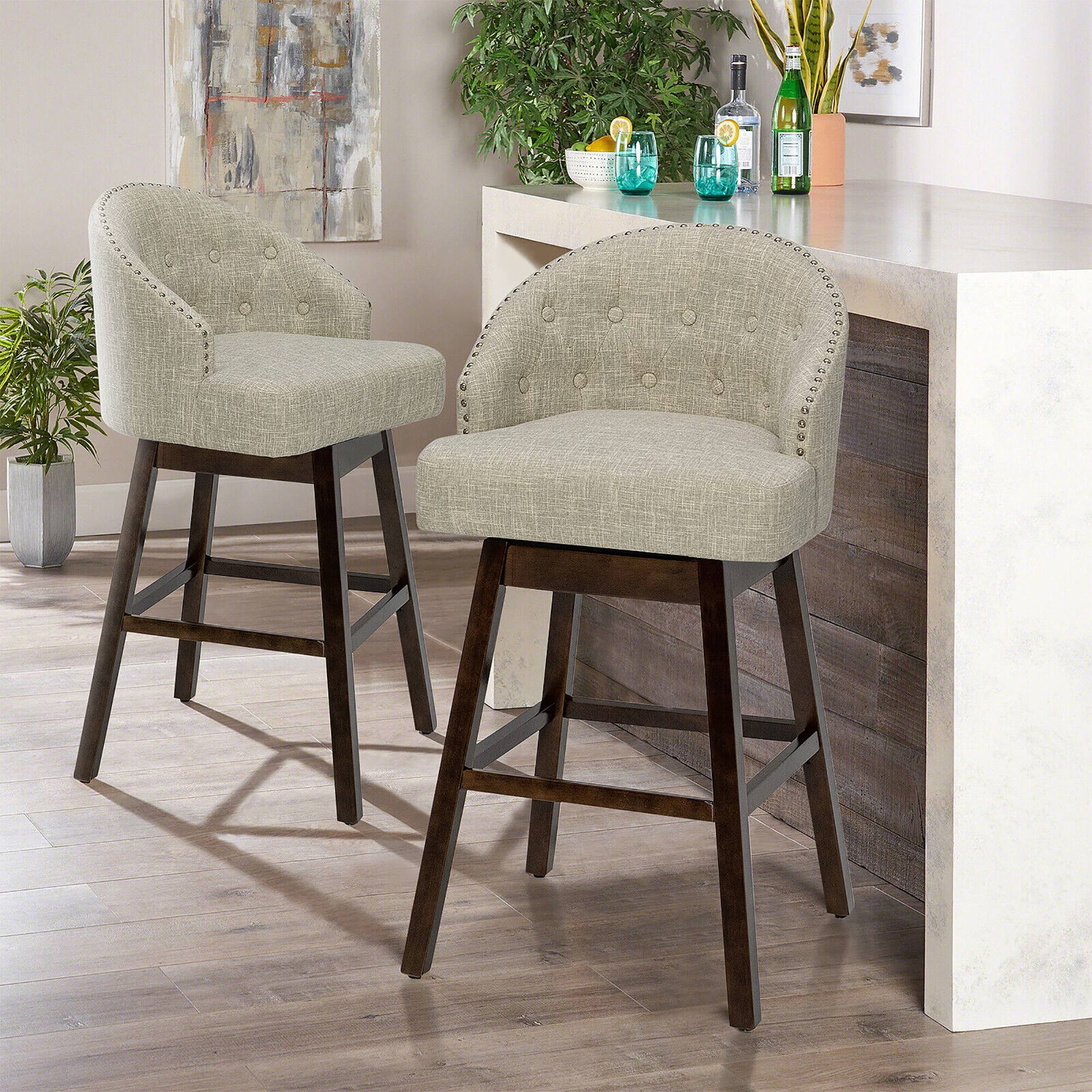 Alt View 3. Costway - Costway Set of 4 Swivel Bar Stools Tufted Bar Height Pub Chairs w/ Rubber Wood Legs - Beige + Brown.