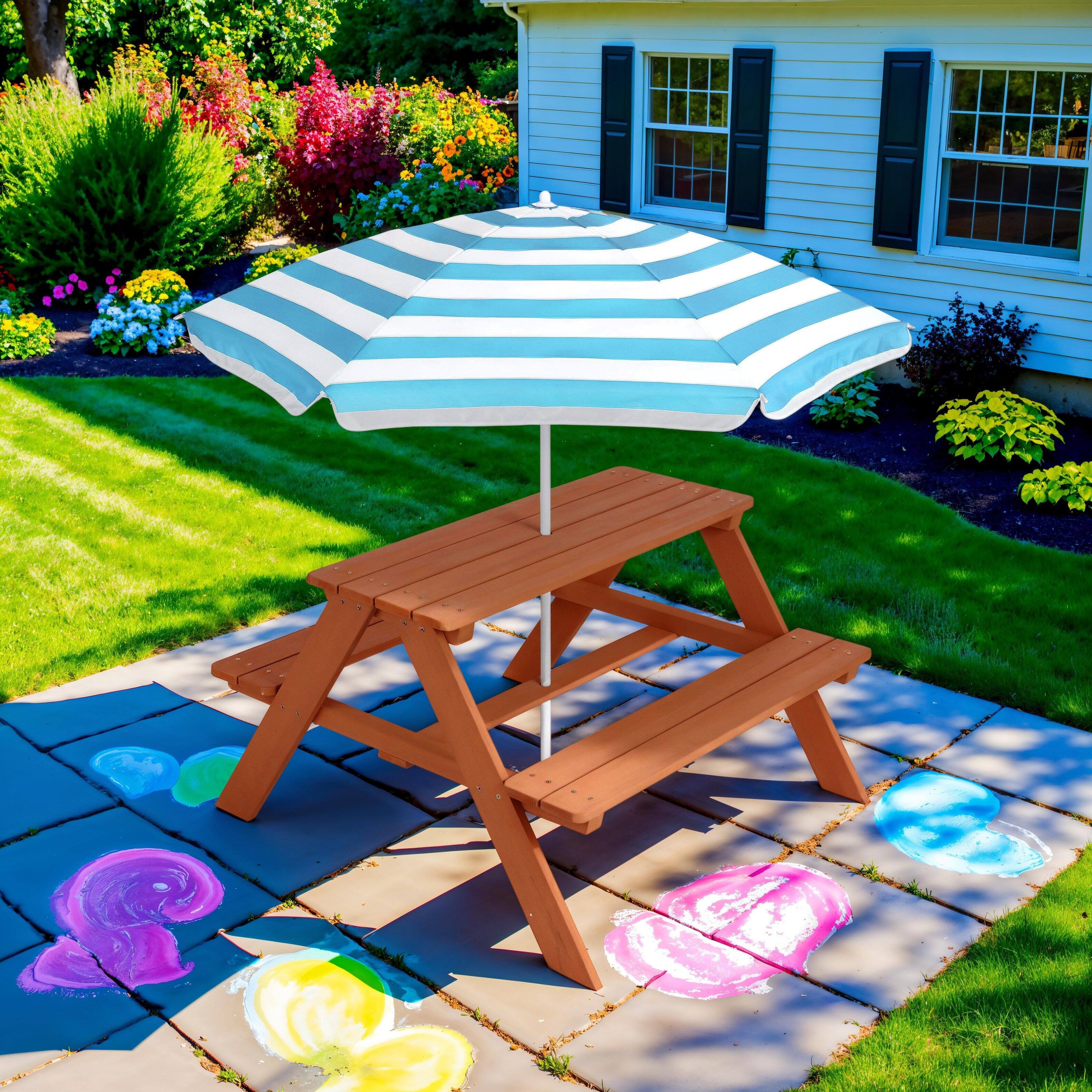 Alt View 7. Best Choice Products - Best Choice Products Outdoor Wooden Kids Picnic Table with Umbrella, Activity Table, 220 lb Capacity - Golden Brown/Aqua - Golden Brown/Aqua.
