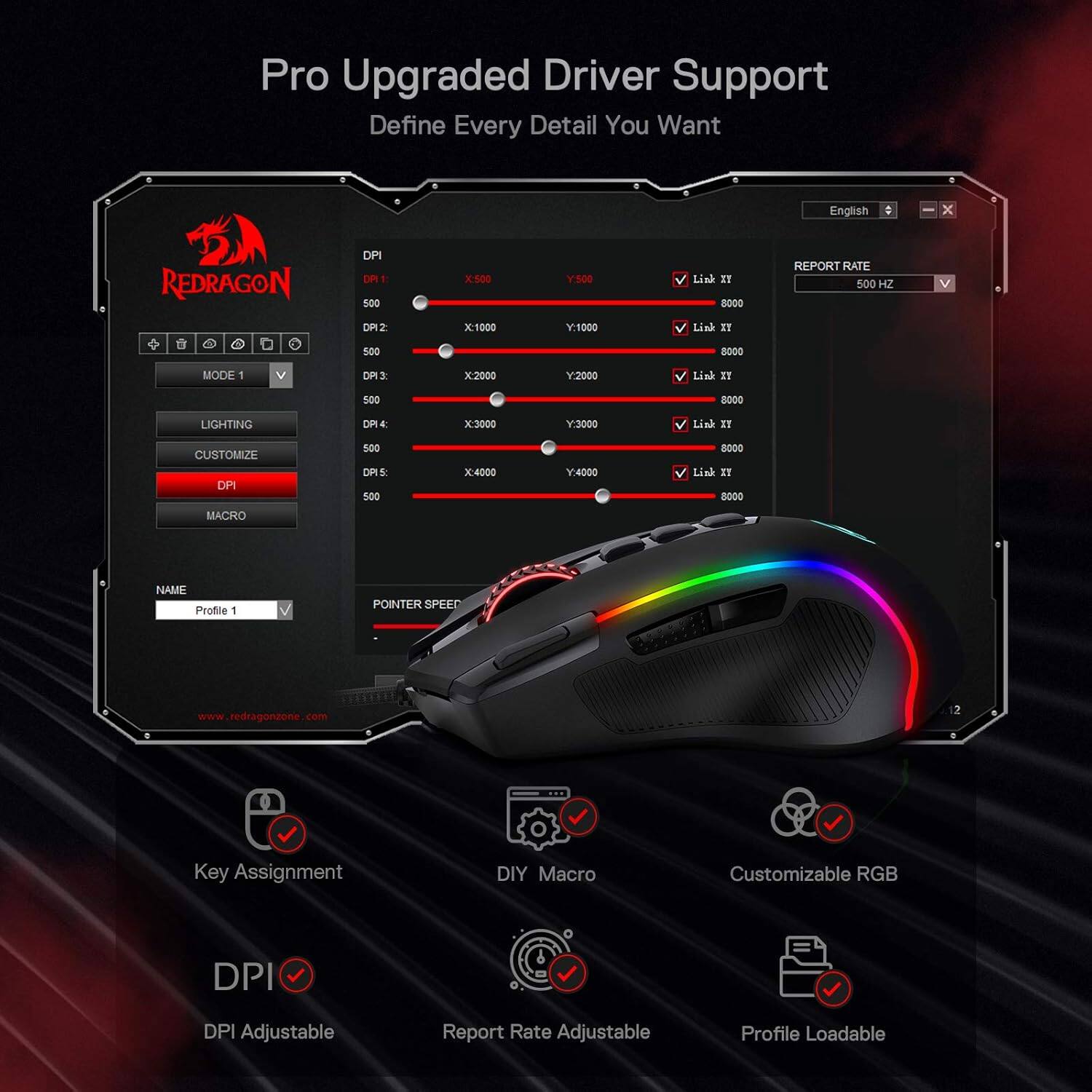 Pro Upgraded Driver Support  
Define Every Detail You Want

REDRAGON

DPI  
DPI 1: 500  
X:500  
Y:500  
Link XI 8000  
DPI 2: 500  
X:1000  
Y:1000  
Link XI 8000  
DPI 3: 500  
X:2000  
Y:2000  
Link XI 8000  
DPI 4: 500  
X:3000  
Y:3000  
Link XI 8000  
DPI 5: 500  
X:4000  
Y:4000  
Link XI 8000

REPORT RATE  
500 HZ

MODE 1

LIGHTING  
CUSTOMIZE DPI

MACRO  
NAME: Profile 1  
POINTER SPEED

www.redragonzone.com

Key Assignment  
DIY Macro  
Customizable RGB  
DPI Adjustable  
Report Rate Adjustable  
Profile Loadable