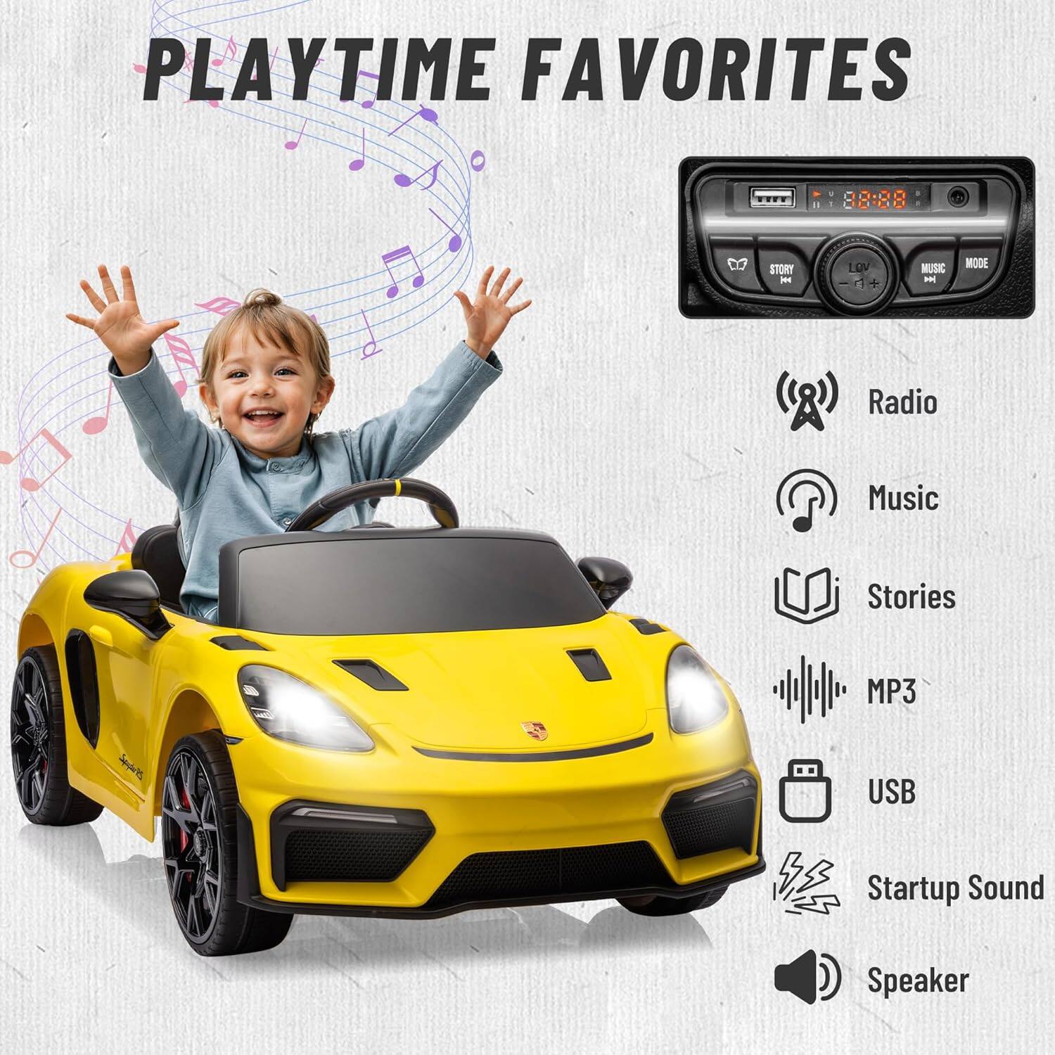 PLAYTIME FAVORITES

- Radio
- Music
- Stories
- MP3
- USB
- Startup Sound
- Speaker