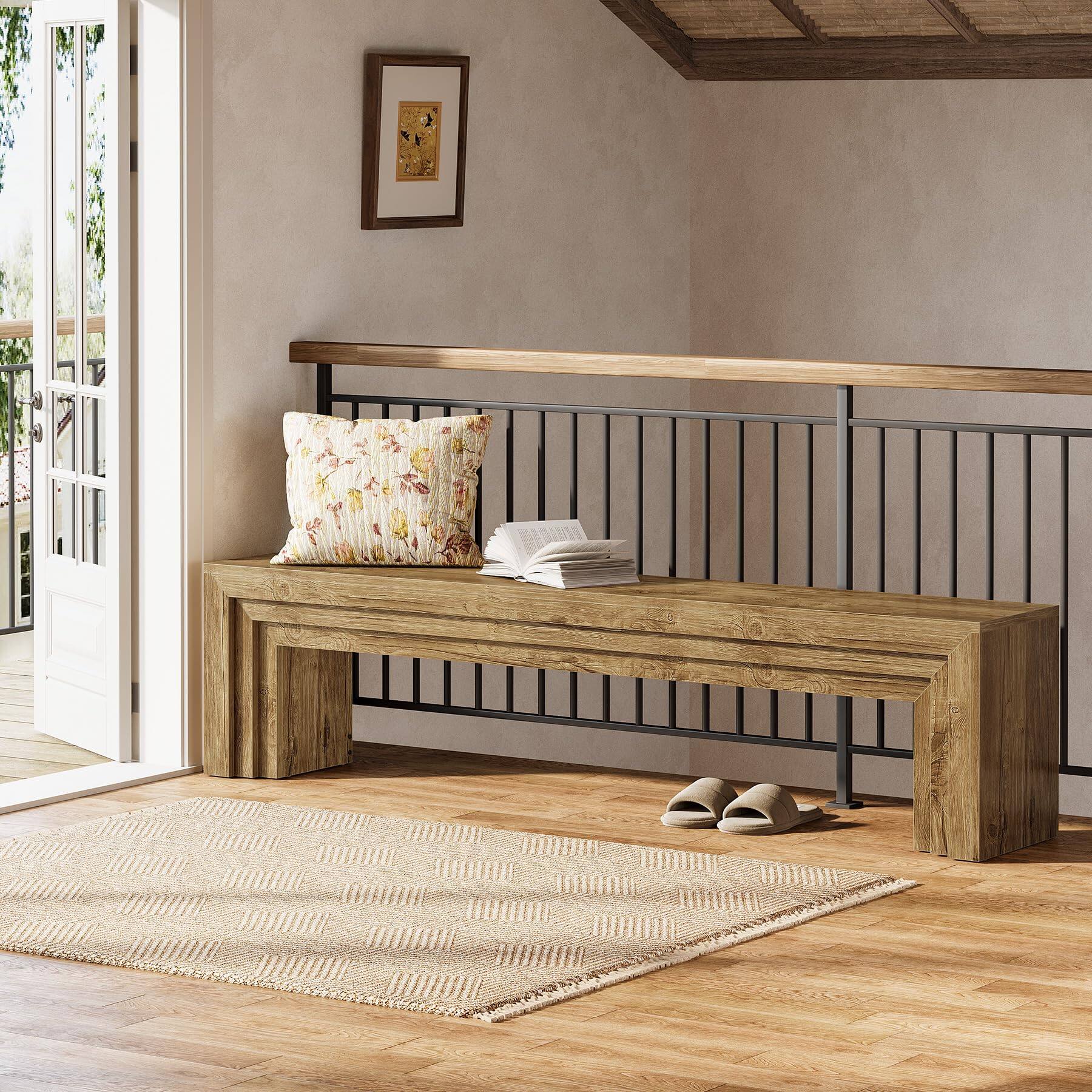 Alt View 4. Tribesigns - 71" Extra Long Entryway Bench, Farmhouse Bed Bench (Brown) - Brown.
