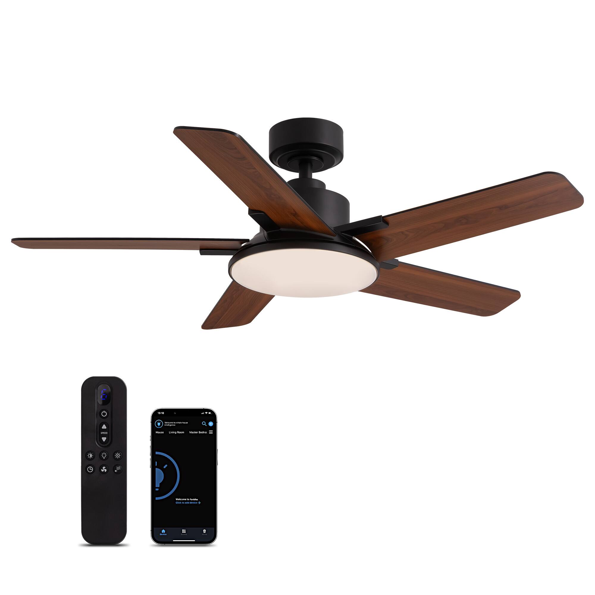 Angle. Siljoy - 44-in Black Ceiling Fan with LED Light and Remote Control Include (5 Blades) For Bedroom Living Room and kitchen - Black.