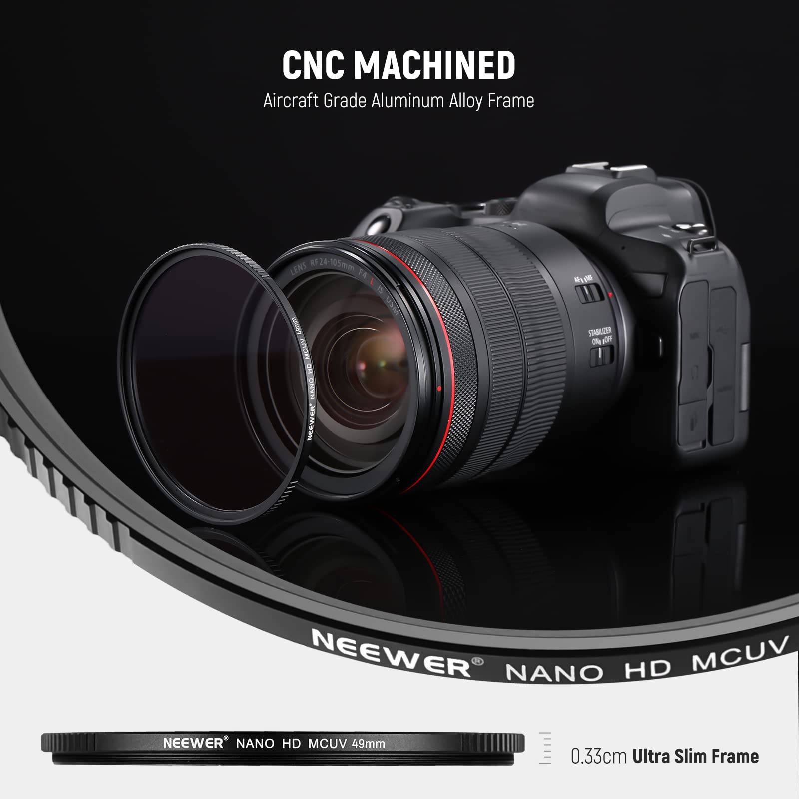 CNC MACHINED Aircraft Grade Aluminum Alloy Frame LENS RF24-105mm - HDMCUV NANO NEWEER NANO HD MCUV NEWEER NANO HD MCUV 49mm 0.33cm Ultra Slim Frame