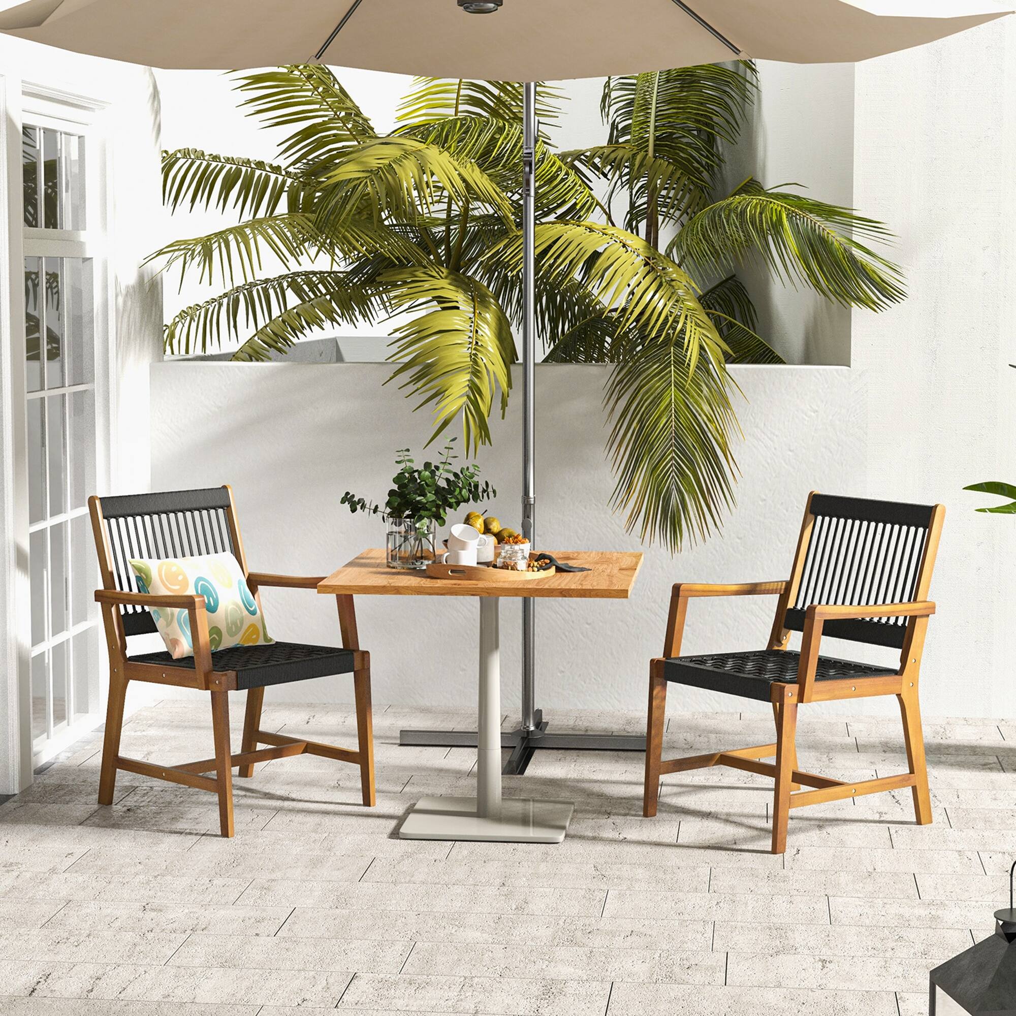 Alt View 1. Costway - Costway Patio 2pcs Acacia Wood Dining Chairs All-Weather Rope Woven Armchairs Outdoor - Black,Natural.