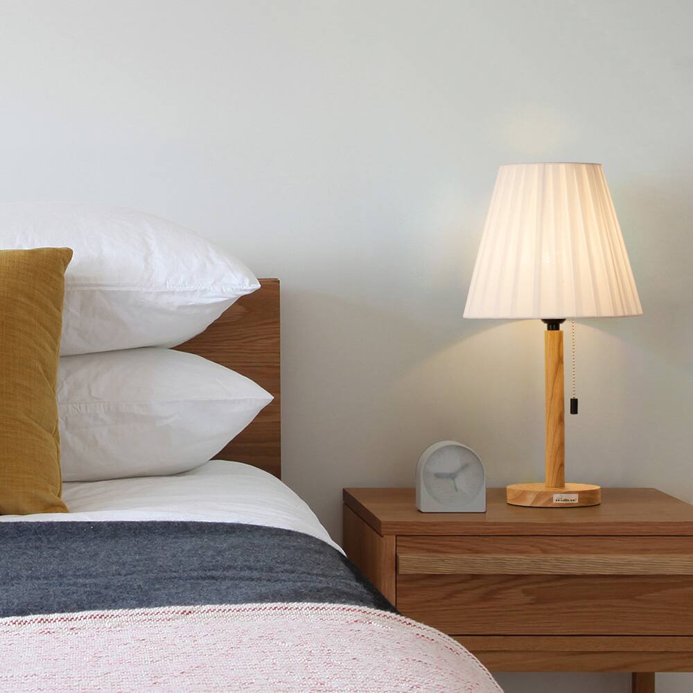 Alt View 1. Oumilen - 2-Pack Wood Base Table Lamps with Pleated Fabric Shades & Pull Chain Switch.