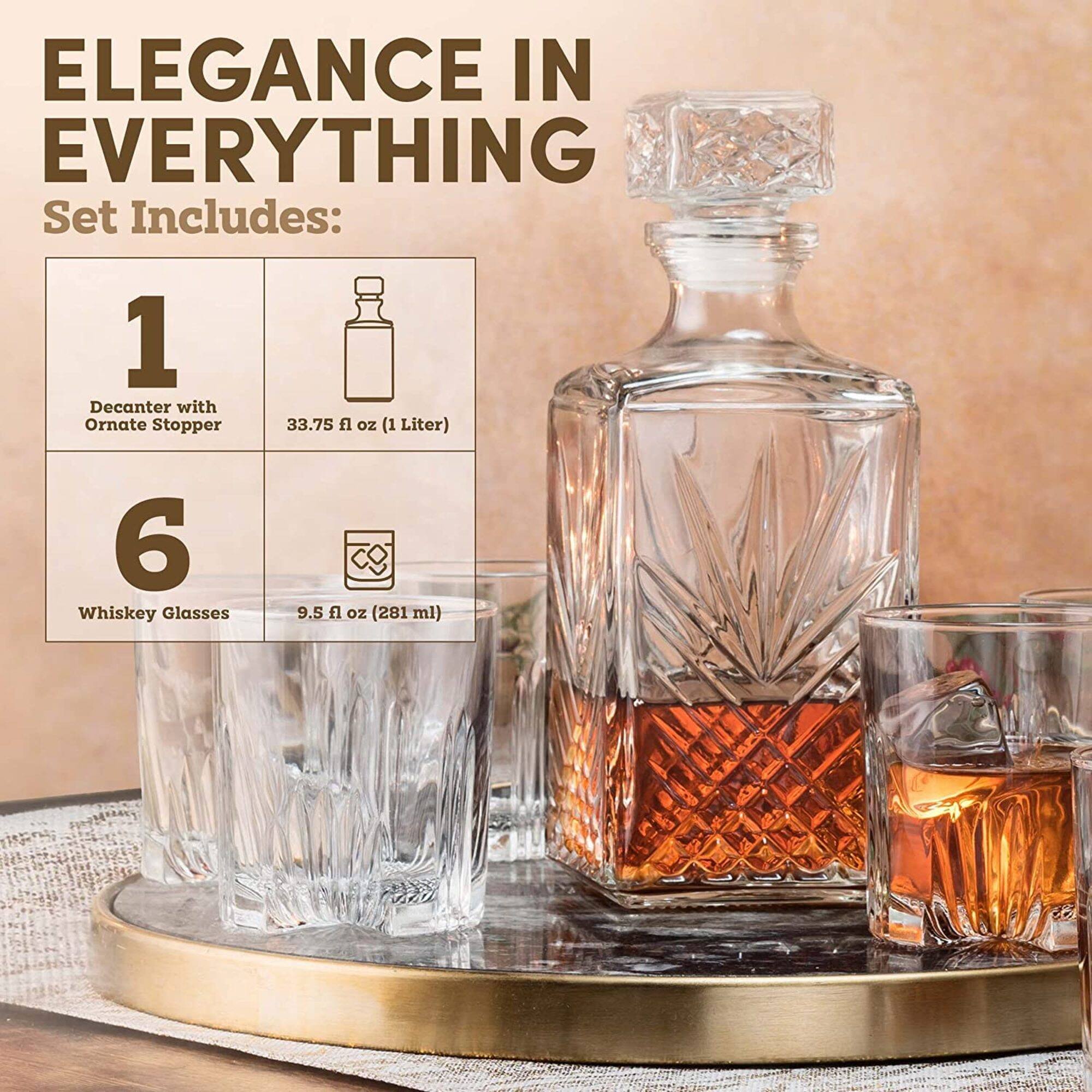 ELEGANCE IN EVERYTHING

Set Includes:
1 Decanter with Ornate Stopper 33.75 fl oz (1 Liter)
6 Whiskey Glasses 9.5 fl oz (281 ml)