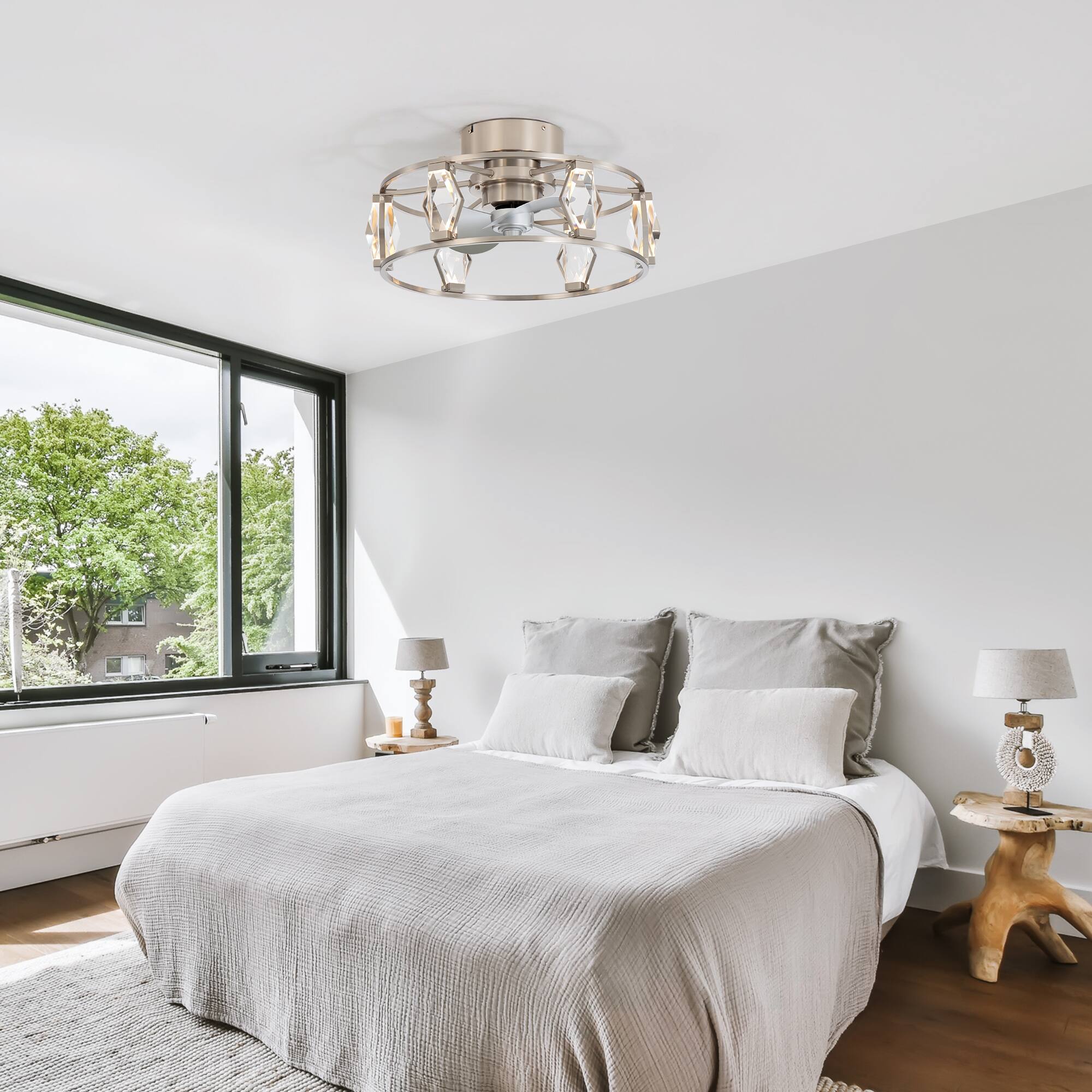 Alt View 2. Breezary - 20-Inch Indoor Flush Mount Caged Ceiling Fan with 3 ABS Blades, DC Motor, 6-Speed Remote Control, Timer, Modern Design - Satin Nickel and Silver.